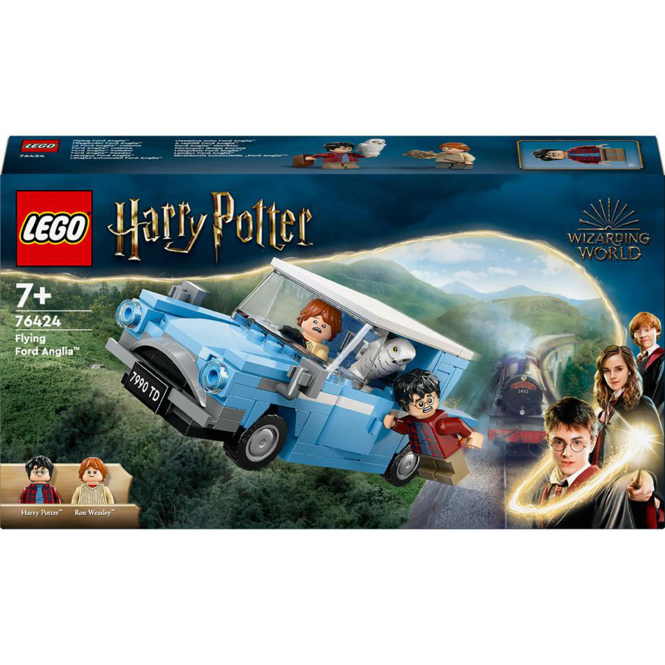 Pudełko zestawu Lego Harry Potter przedstawiające niebieski samochód z figurkami Harrego, Rona i białą sową.