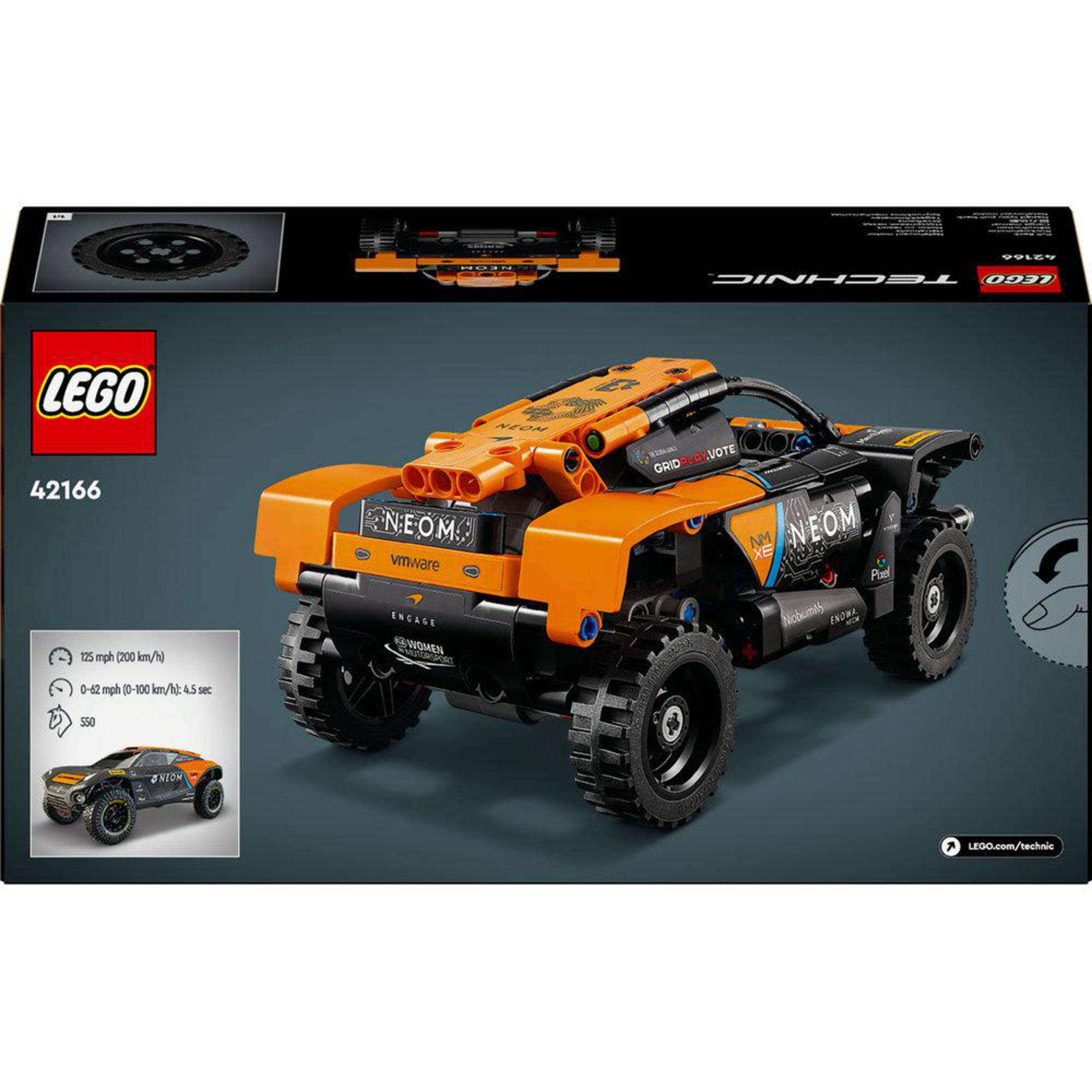 Ein LEGO Technic Auto-Set, orange und schwarz. Die Box zeigt das Auto und seine Eigenschaften. Der Hintergrund ist schwarz.