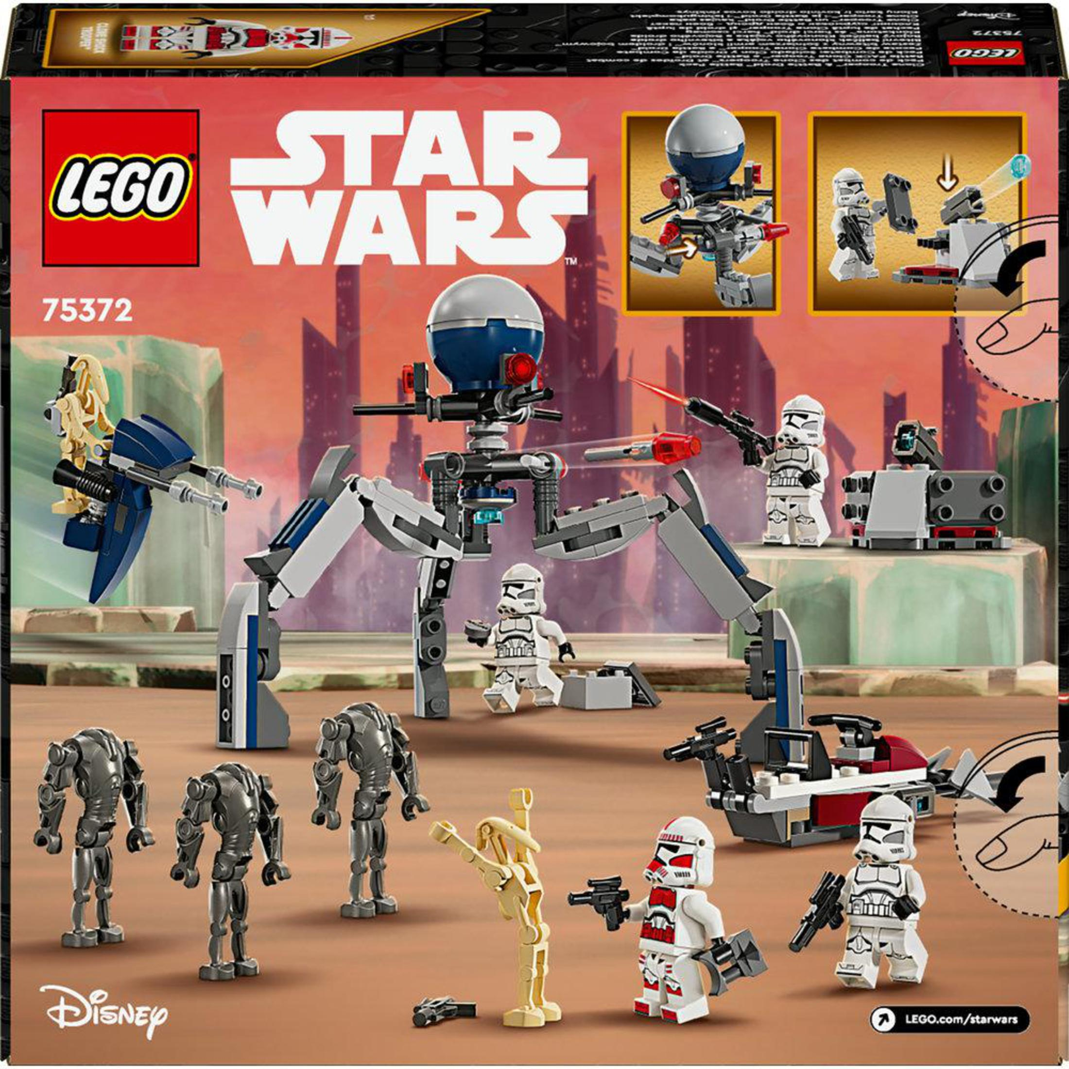 Zestaw Lego Star Wars z kilkoma figurkami i dużym pojazdem przypominającym pająka.