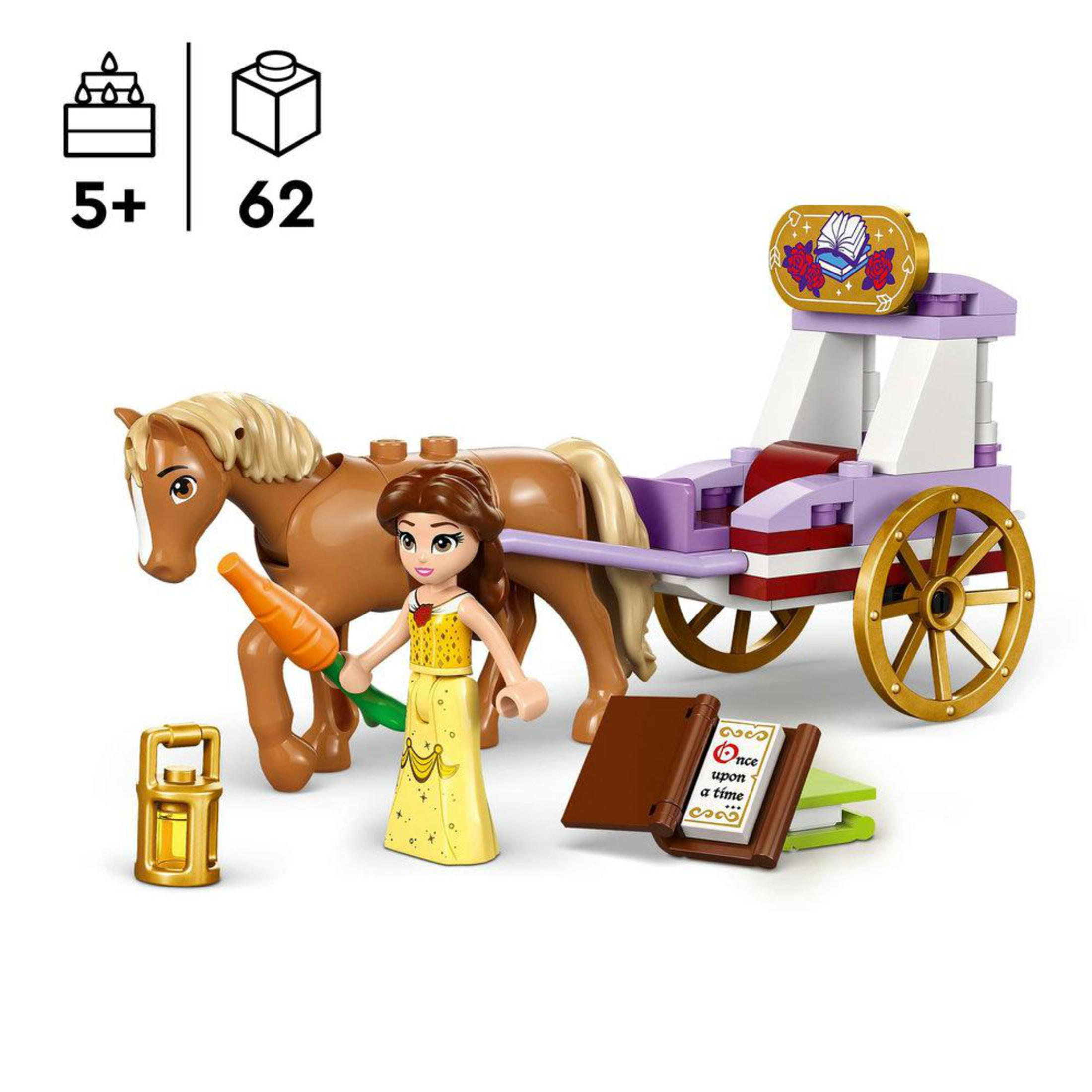 Ein Lego-Set mit Pferd, Kutsche und Belle-Figur. Das Thema ist ein Märchen.