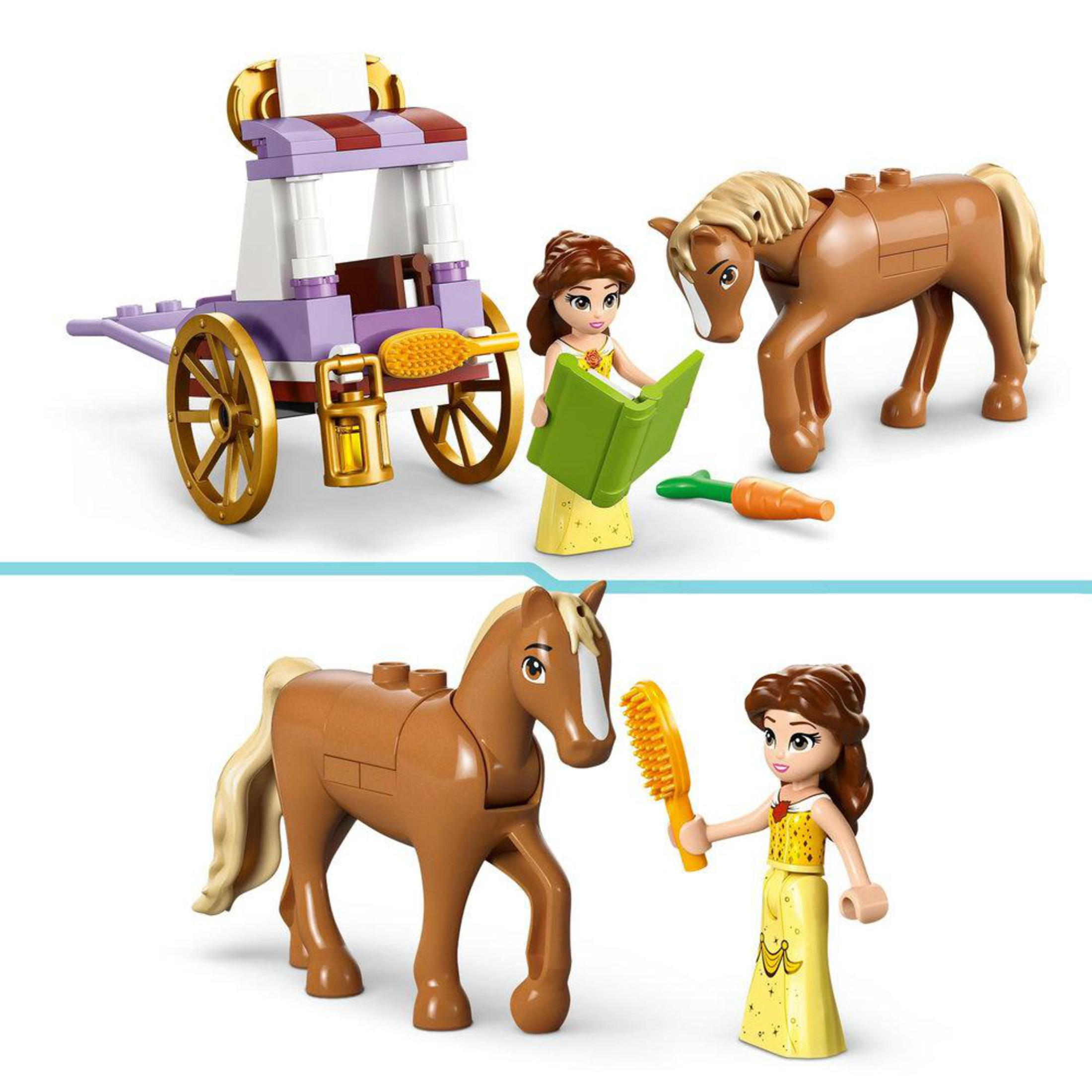 Zwei Szenen eines Lego-Sets mit einer Prinzessin, einem Pferd und einem Wagen. Das Pferd ist braun.