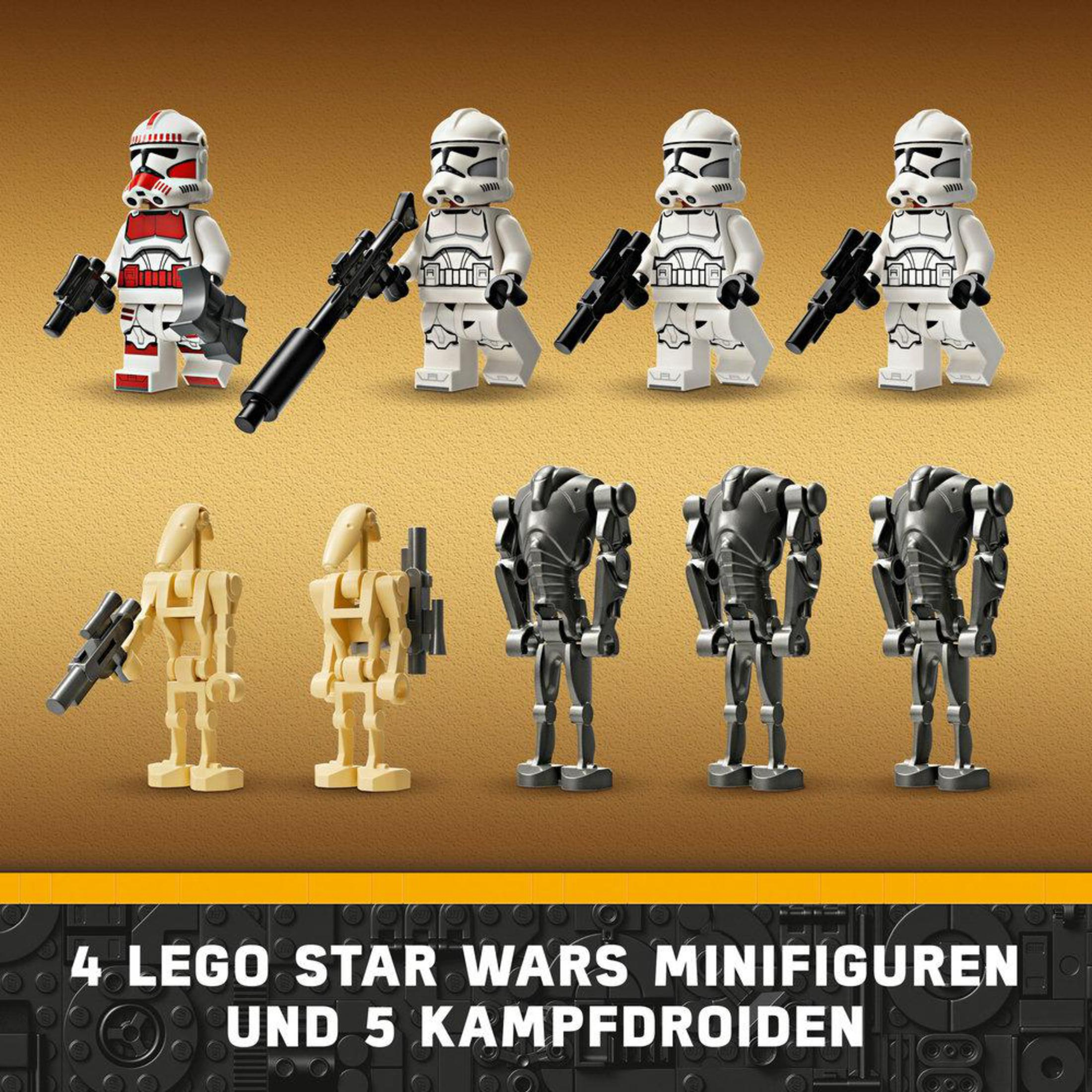 Minifigurki LEGO Star Wars i droidy bojowe. Różne figurki z bronią. Czarne tło z tekstem.