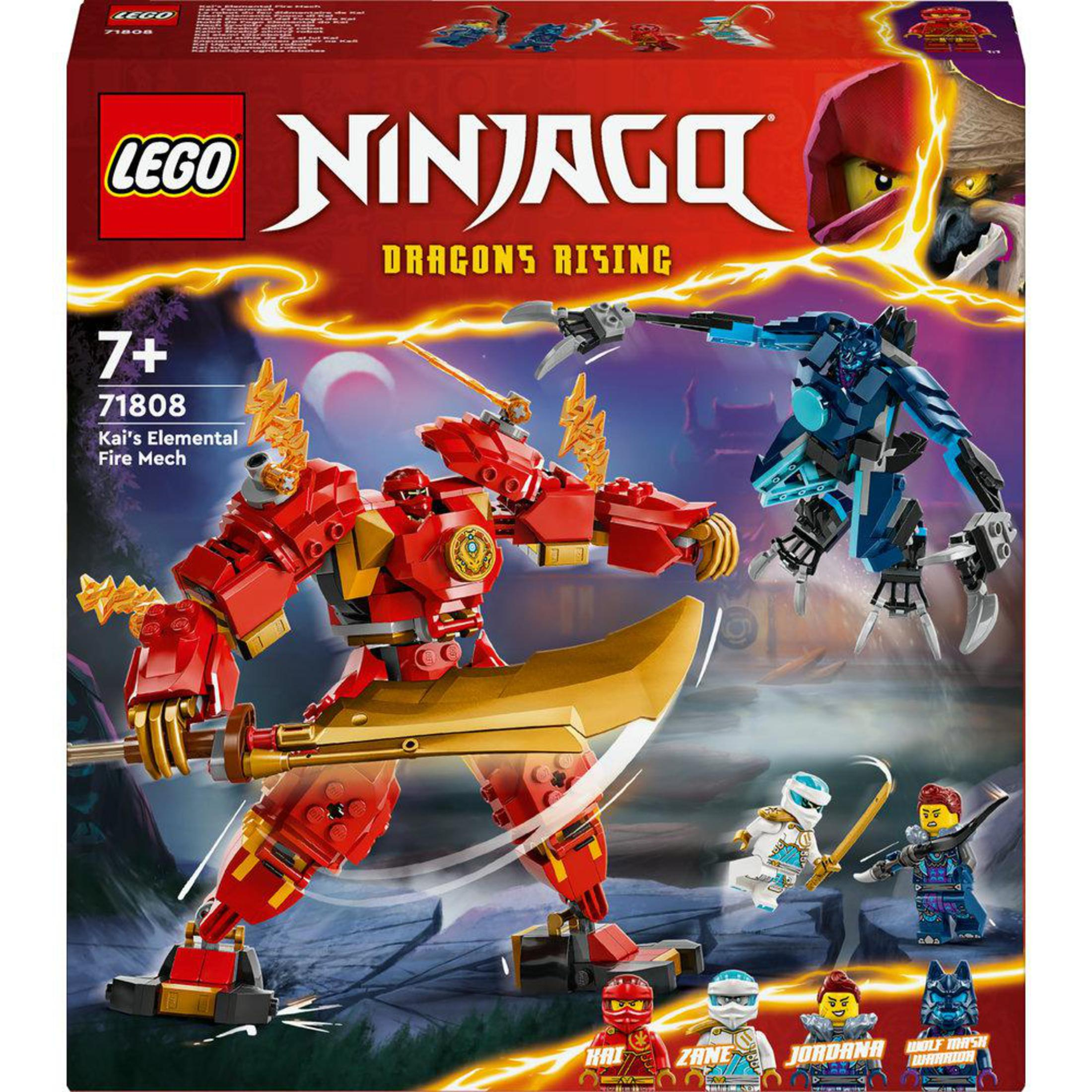 Scatola Lego Ninjago, mech rossi e blu, varie minifigure.