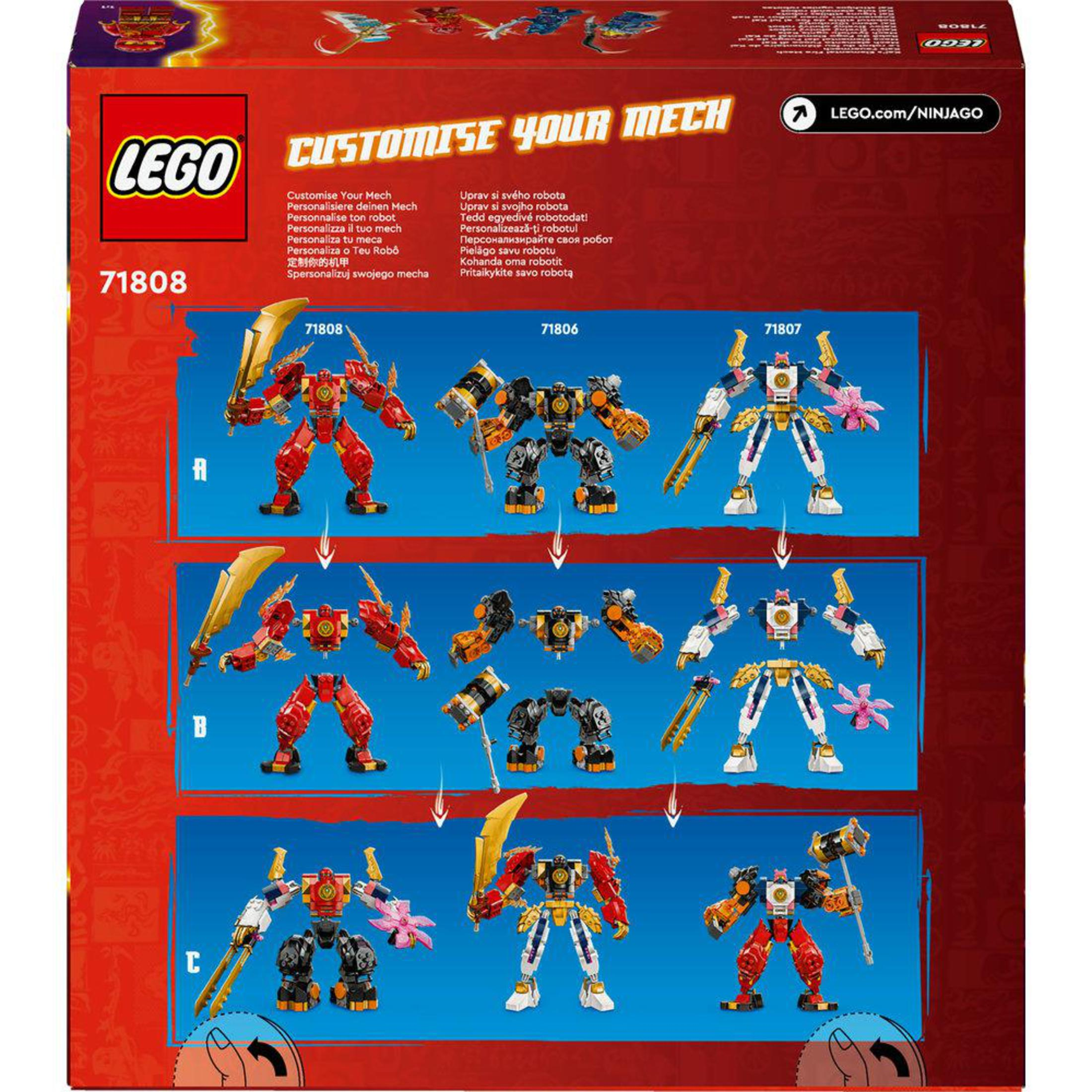 Scatola LEGO con figure di robot in diverse configurazioni.