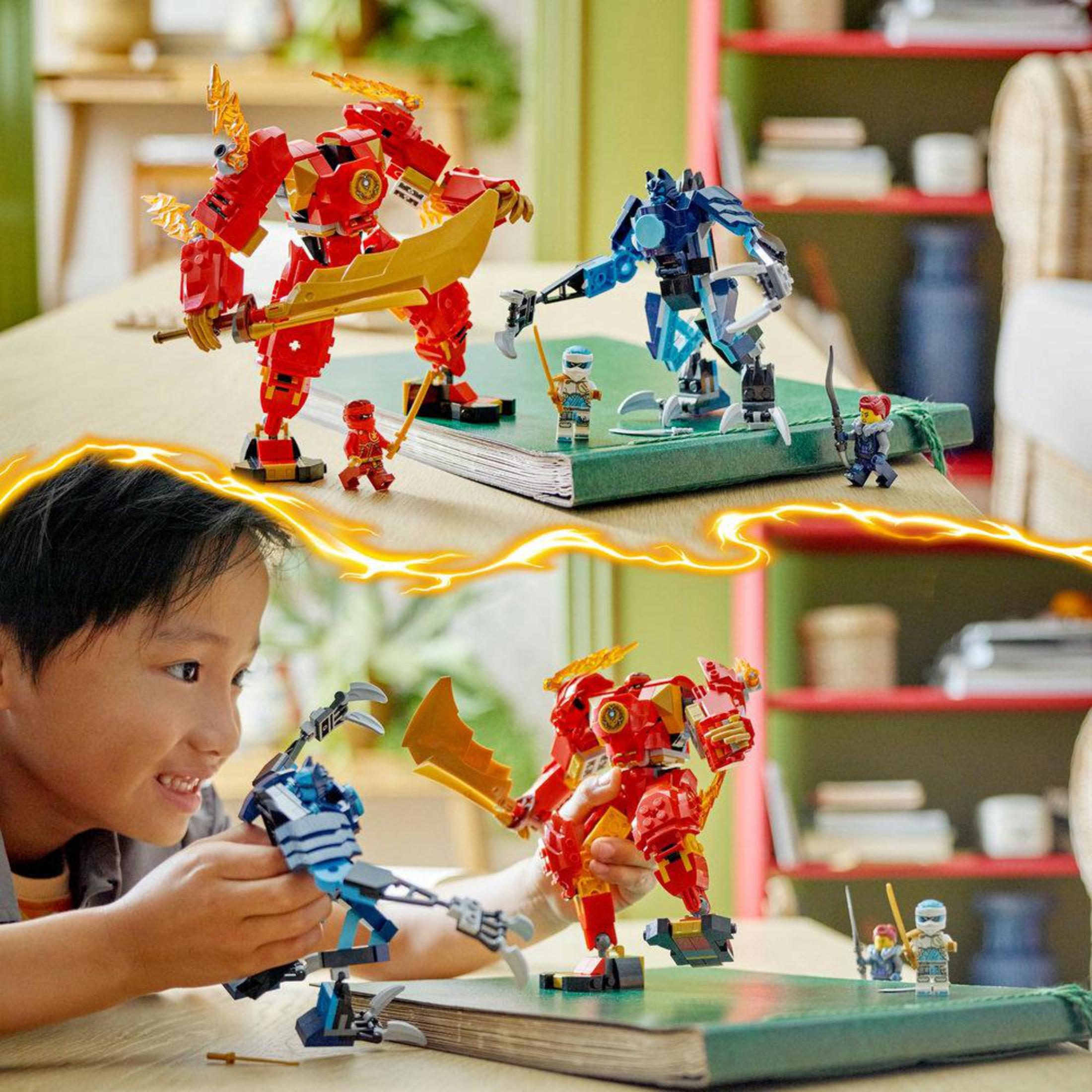 Scena Lego Ninjago con due mech che combattono e un bambino che gioca con loro.