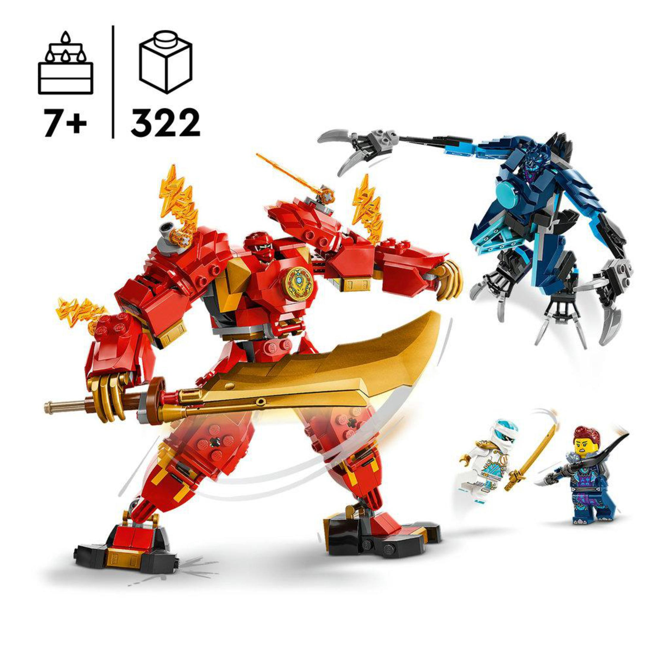 Set Lego Ninjago con una figura mech rossa e due figure ninja in combattimento.
