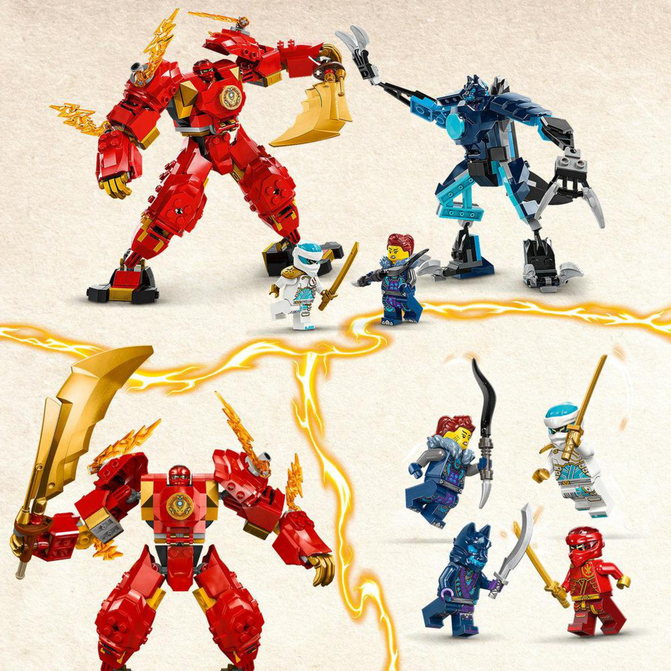 Un set Lego con due robot e minifigure. La scena include un robot rosso e uno blu.