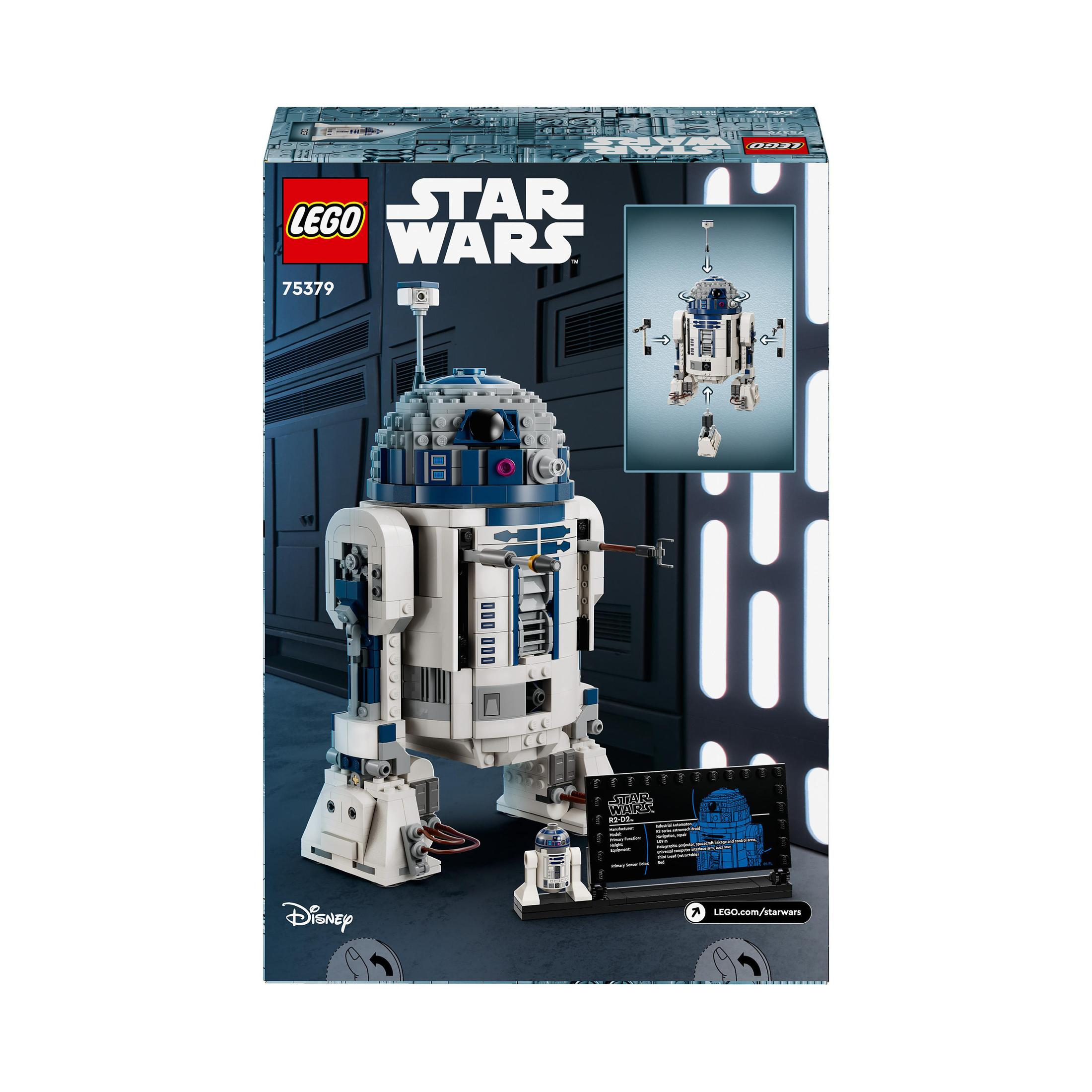 Pudełko LEGO Star Wars R2-D2. Przód przedstawia zabawkę i mniejszy obrazek wstawiony. Biało-niebieska kolorystyka.