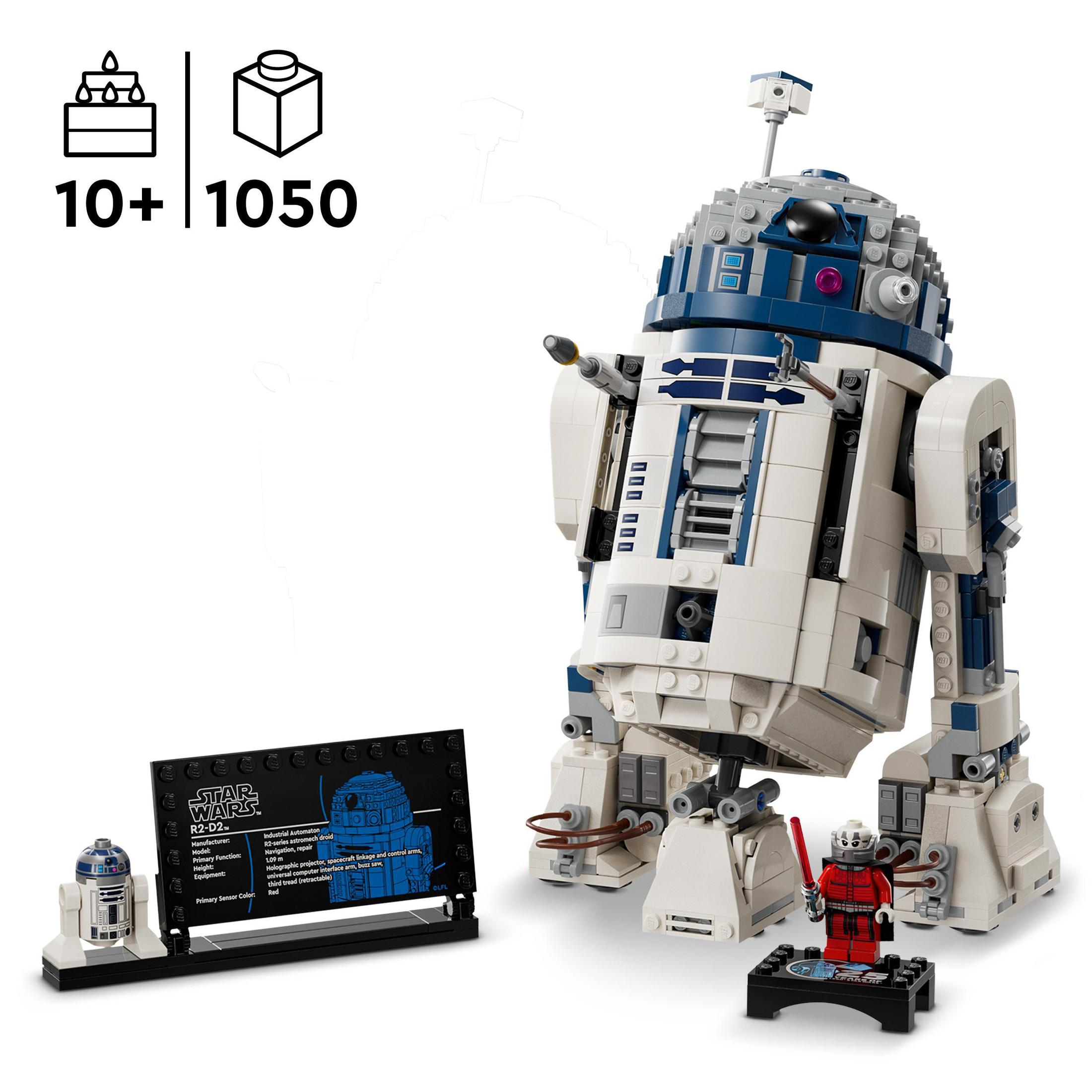 Zestaw LEGO dużego droida R2-D2 z czarnym stojakiem wystawowym oraz małym R2-D2 i figurką.