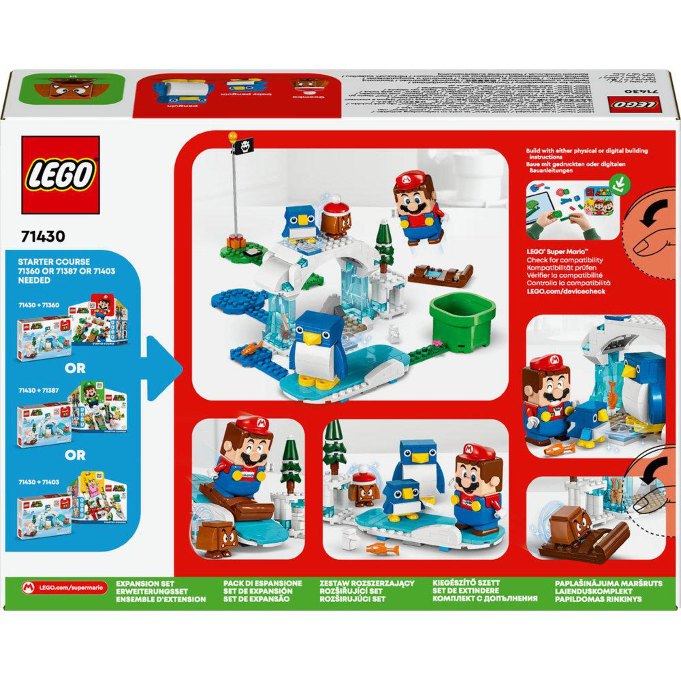 Caja del set de expansión LEGO Super Mario con Mario, pingüinos y elementos de hielo.