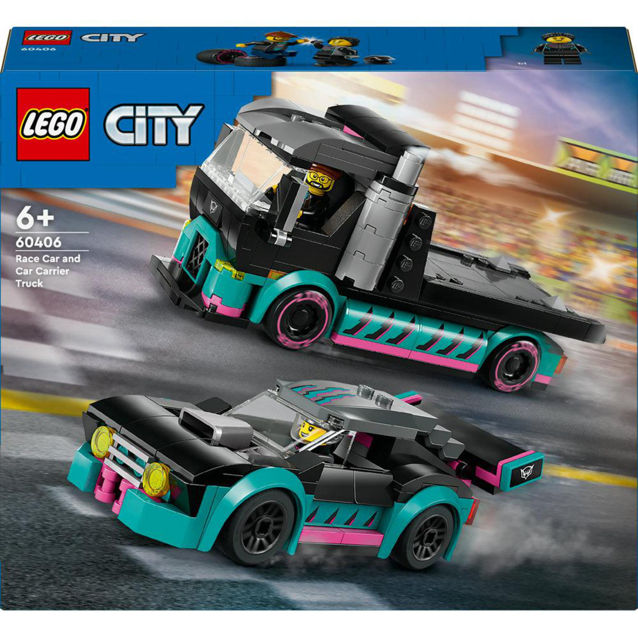Zestaw Lego City Race Car i Car Carrier Truck, czarny i turkusowy, z samochodem wyścigowym.
