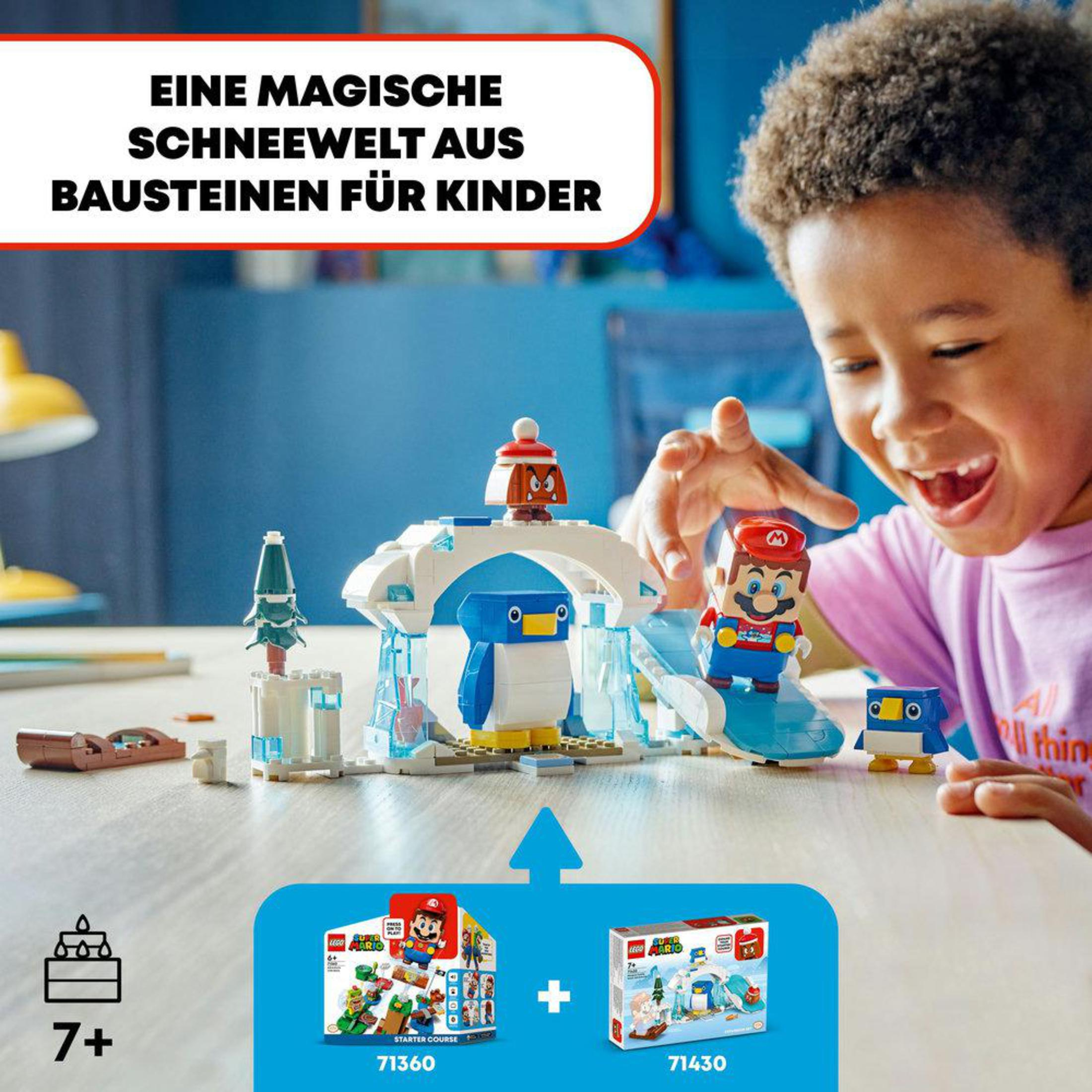Niño jugando con set Lego. Lego Mario y un pingüino, escena nevada.