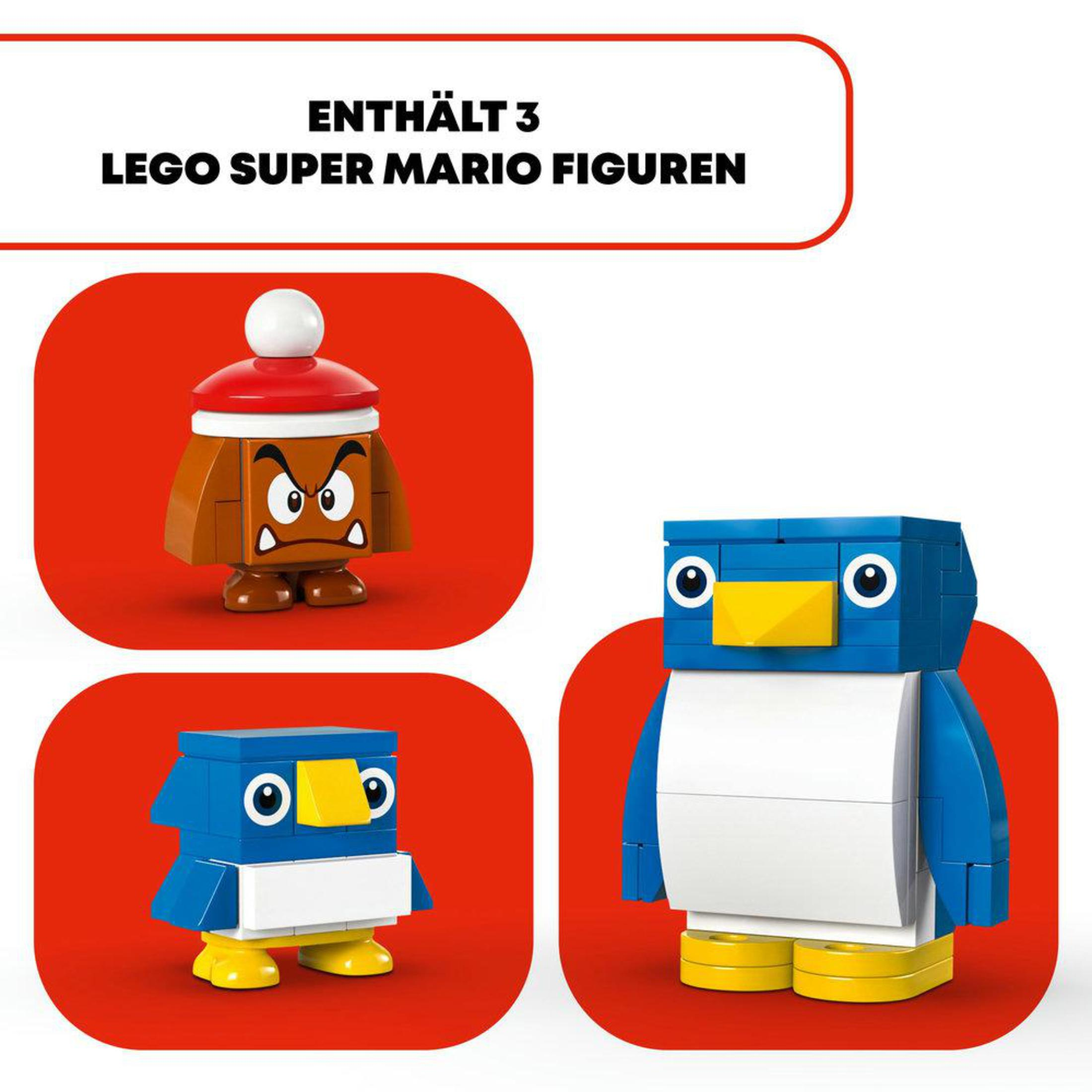 Tres figuras de Lego Super Mario: Goomba, un Pingüino y un pequeño Pingüino.