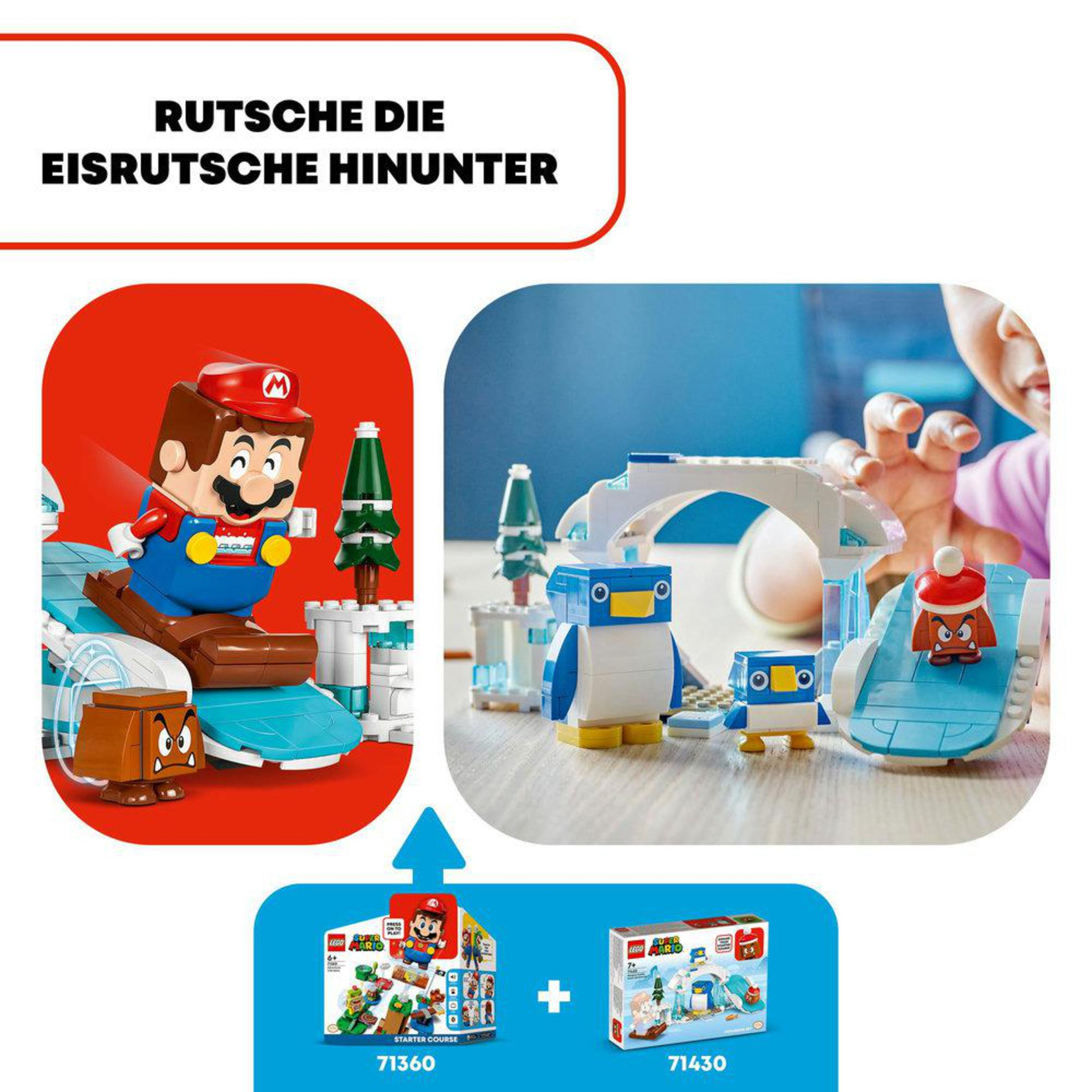 Set Lego Mario con figura de Mario deslizándose por un tobogán de hielo con pingüinos.