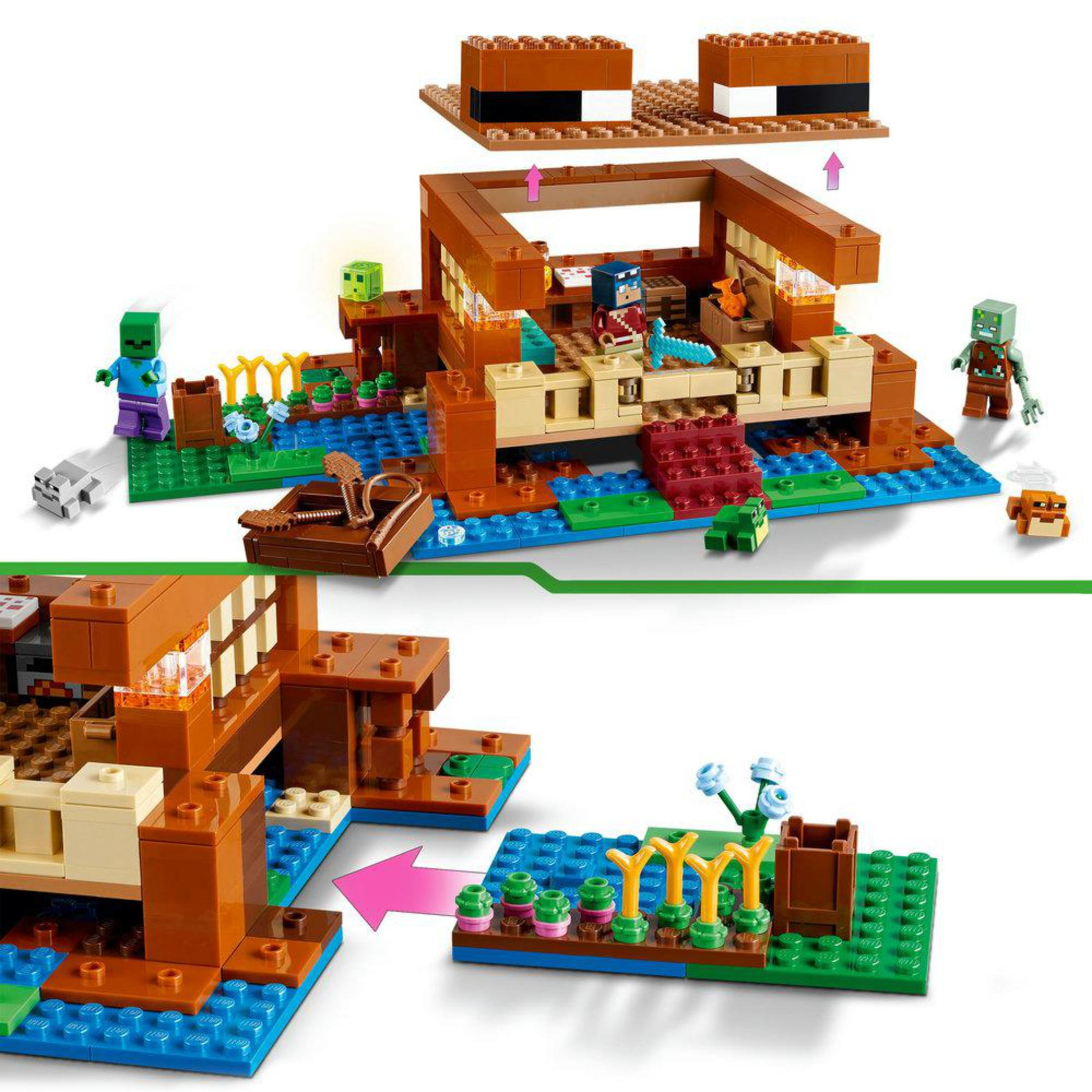 Un set LEGO Minecraft è mostrato con vari pezzi e personaggi in una scena di costruzione.