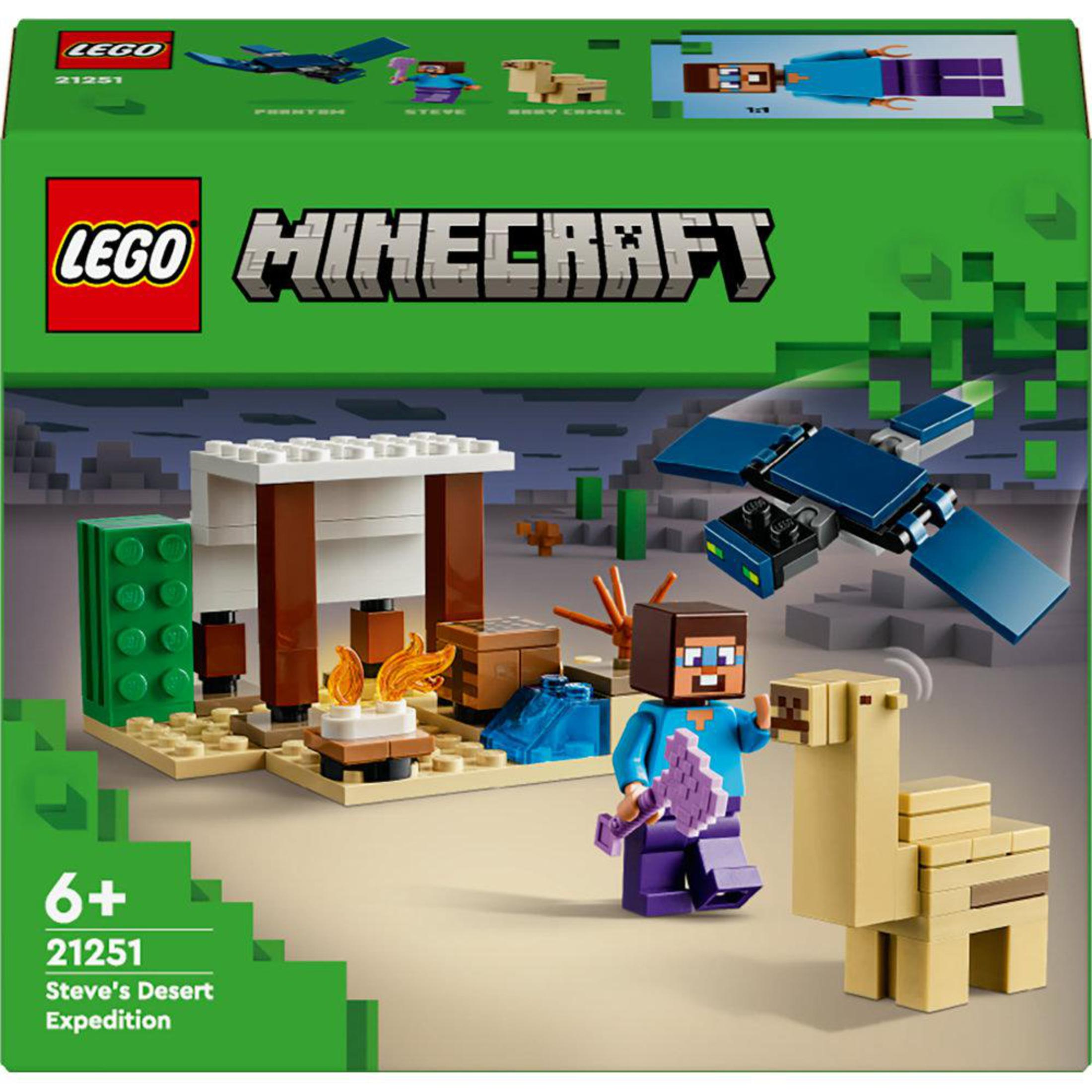 Un set Lego Minecraft avec Steve, un lama et une scène de désert.