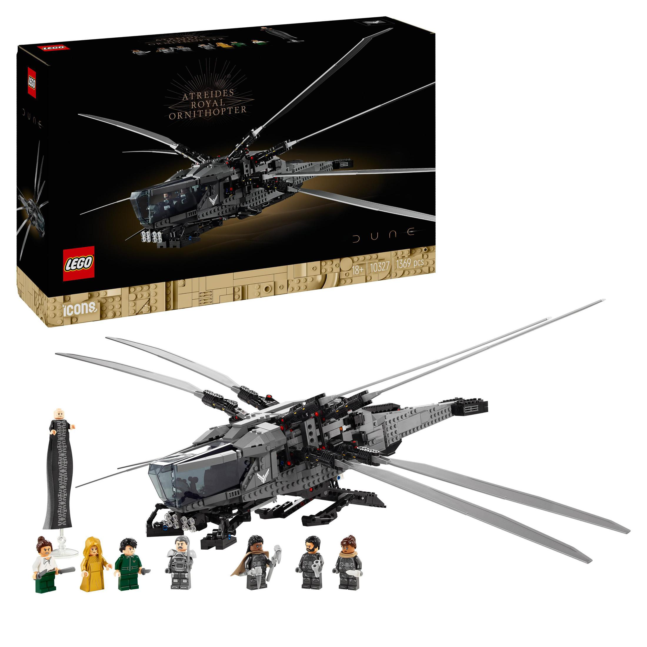 Zestaw LEGO Dune Atreides Royal Ornithopter z figurkami i pudełkiem.
