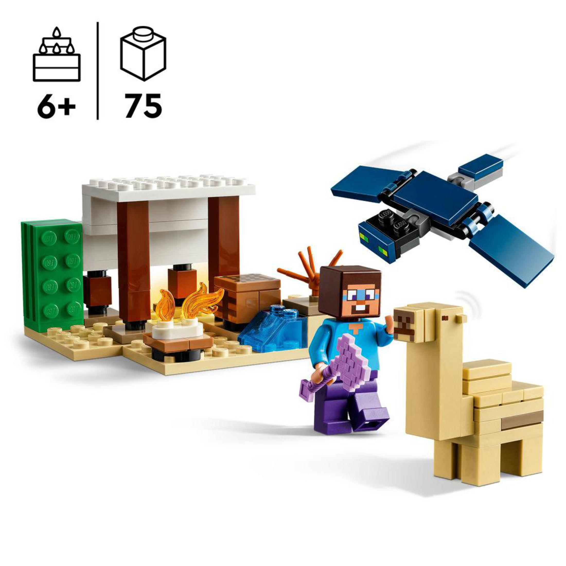Un ensemble Lego d'une scène Minecraft avec un personnage et un lama.
