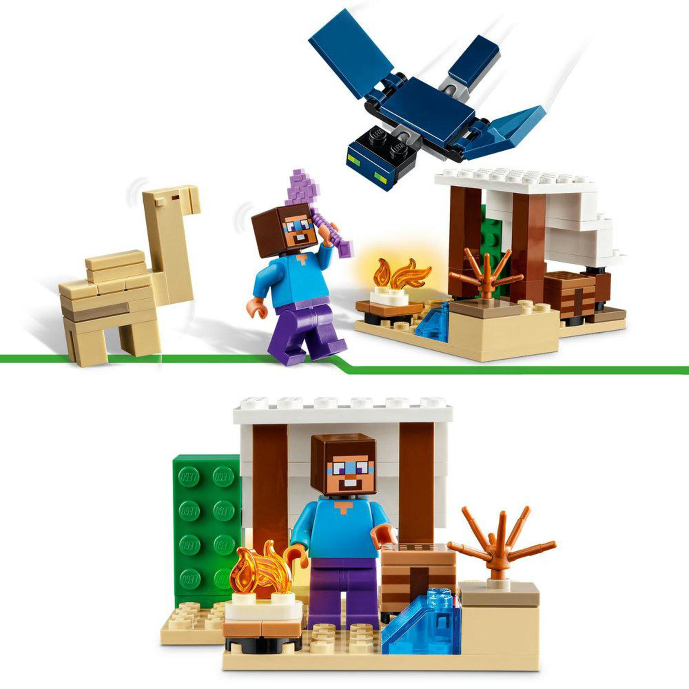 Scène LEGO Minecraft avec une figurine Steve, un lama et un fantôme volant.