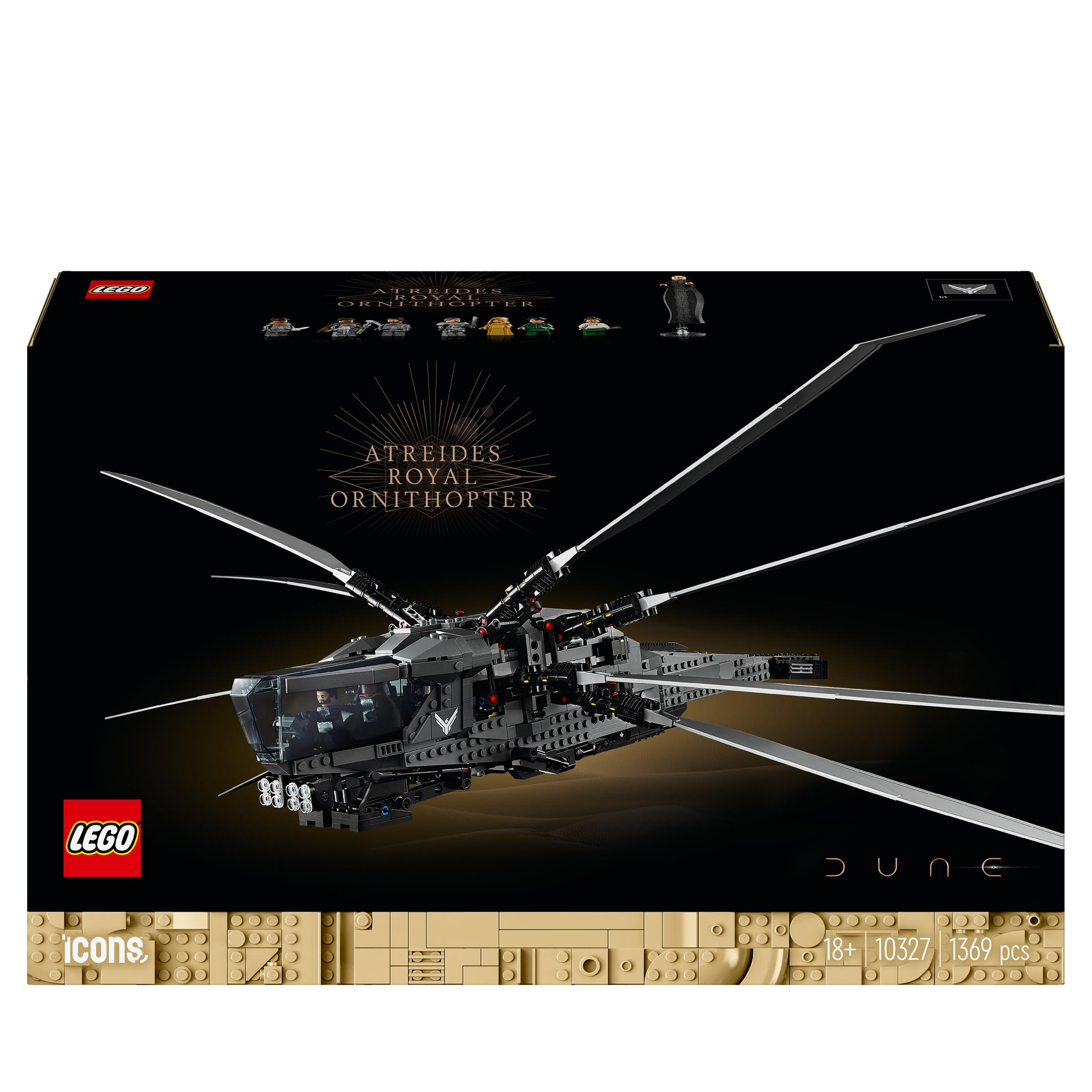 Pudełko Lego Dune Atreides Royal Ornithopter. Czarny helikopter, ciemne tło.