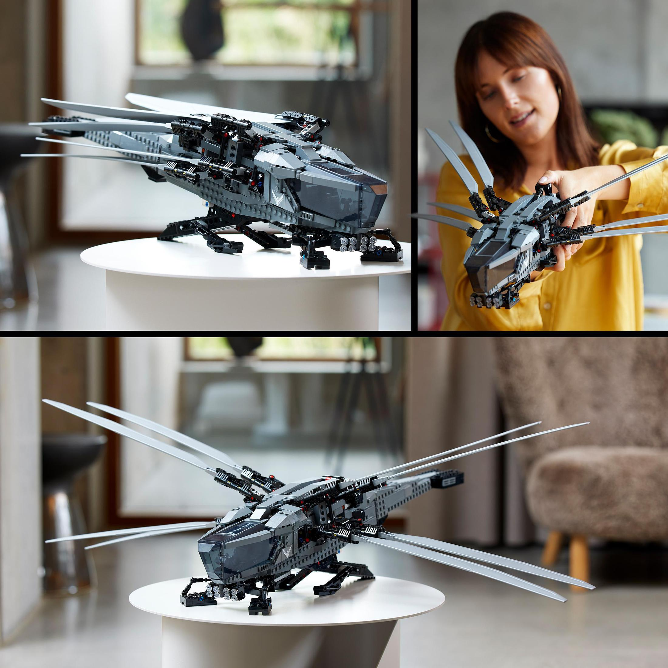 Wiele zdjęć modelu helikoptera Lego na białym stole, z kobietą w tle.