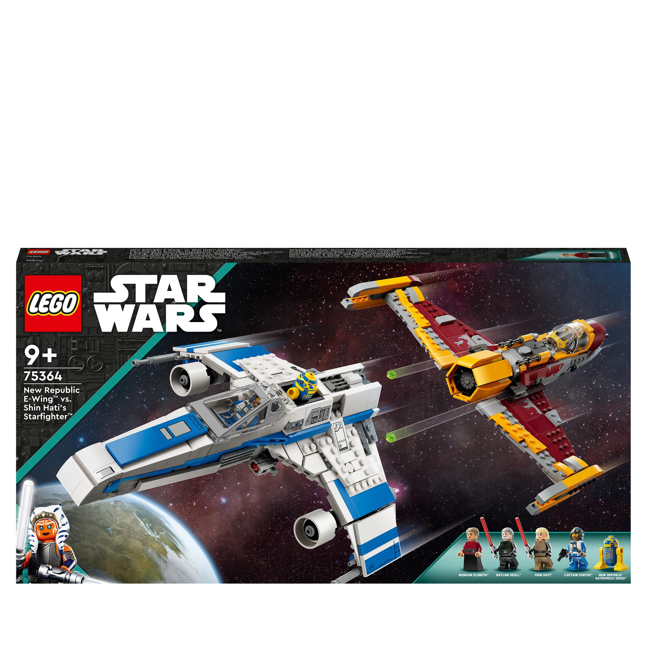Zestaw Lego Star Wars pokazujący dwa myśliwce kosmiczne w kosmosie. Białe tło.