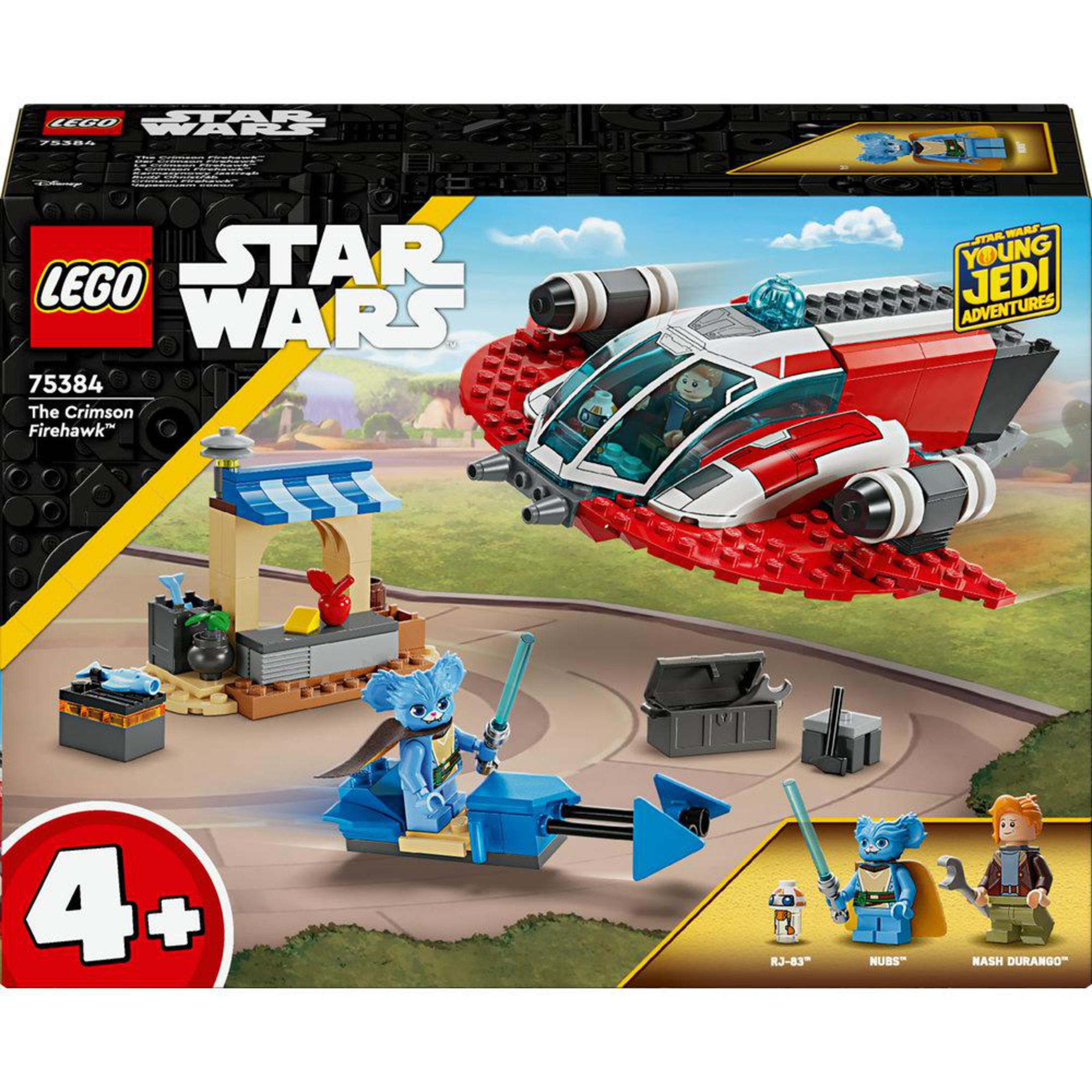 Zestaw Lego Star Wars: The Crimson Firehawk, z figurkami i sceną budowy na ulicy.