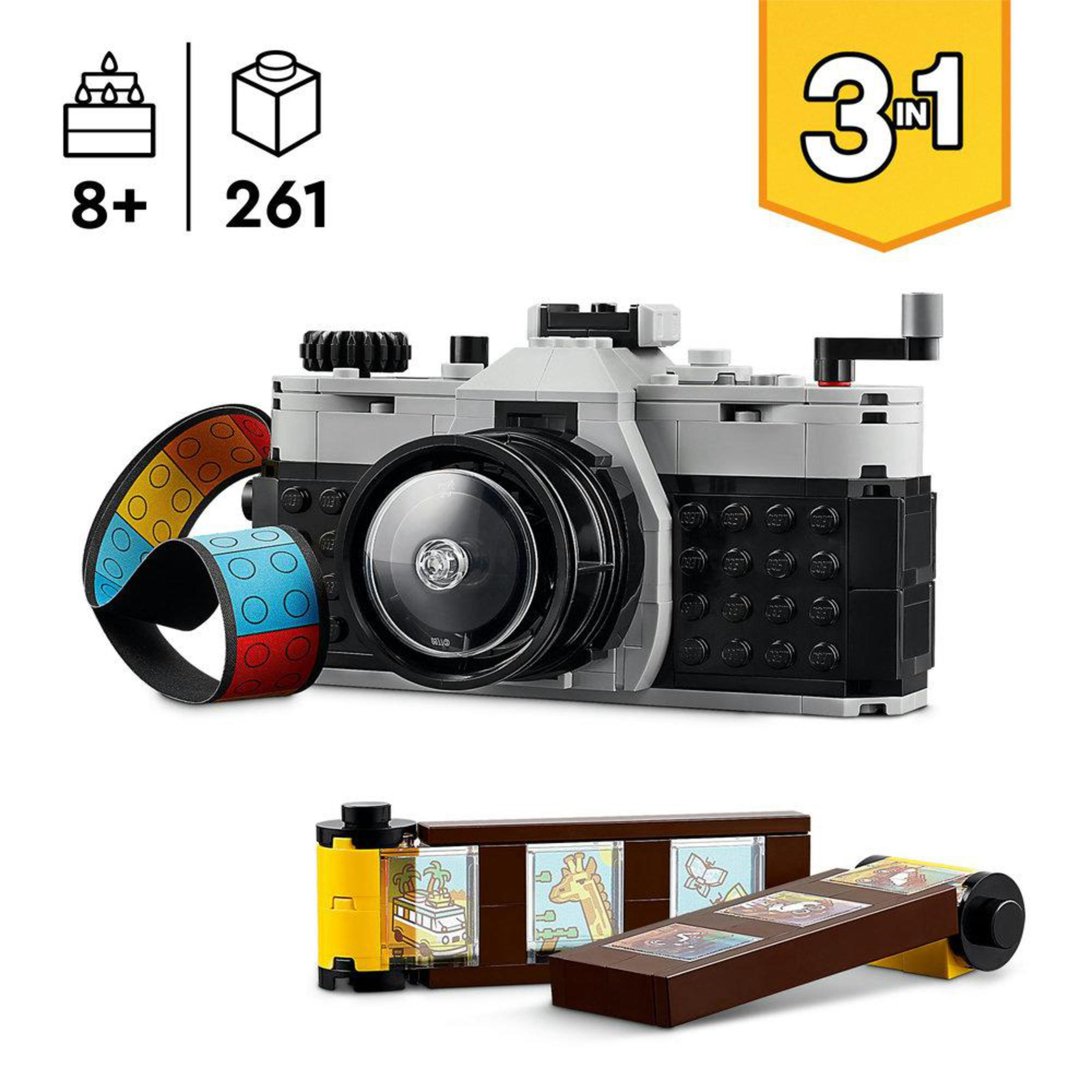 Set de cámara Lego con película. Rollo de película negro, gris y colorido. Set 3 en 1.