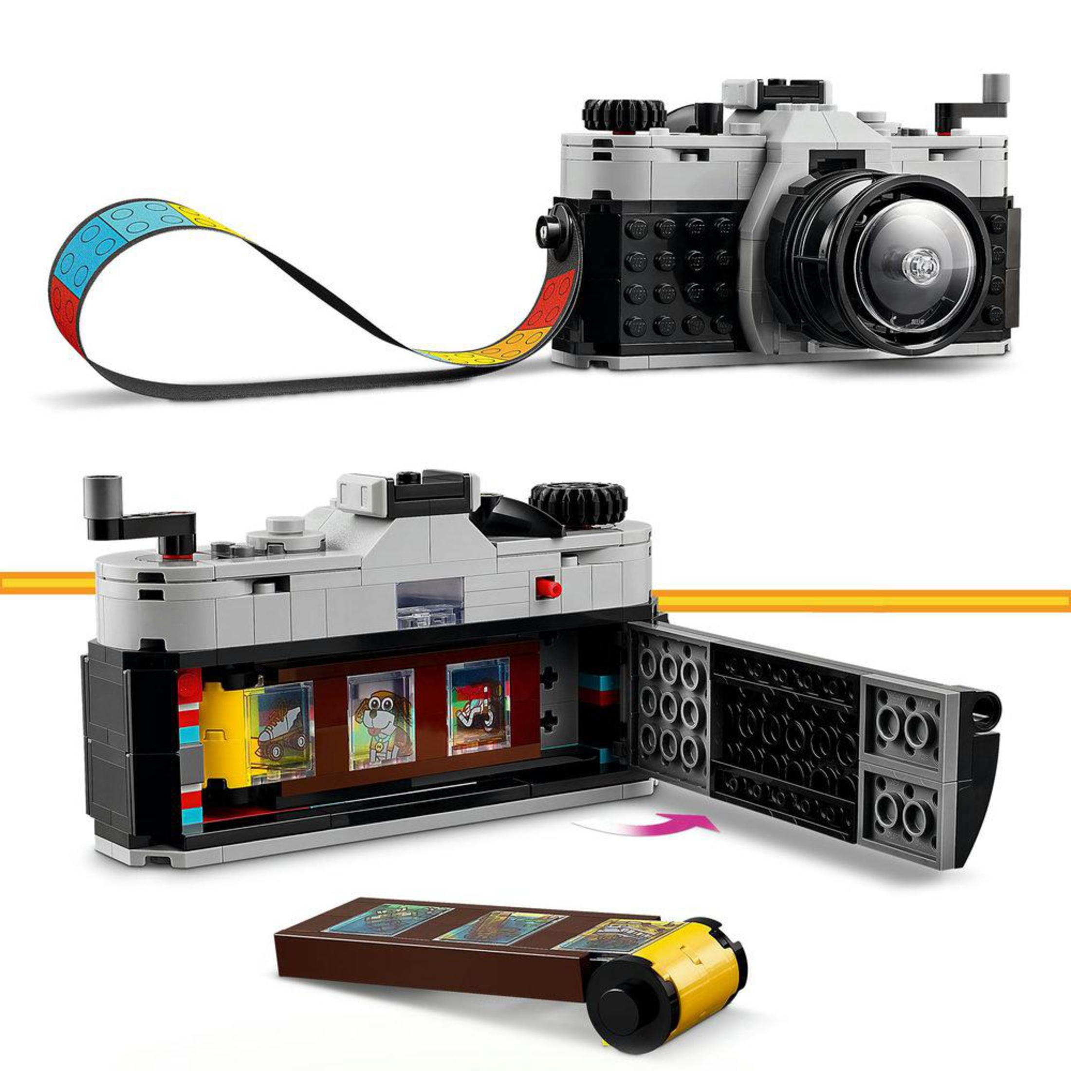 Modelo de cámara LEGO, vista superior y abierta, con detalles de película.