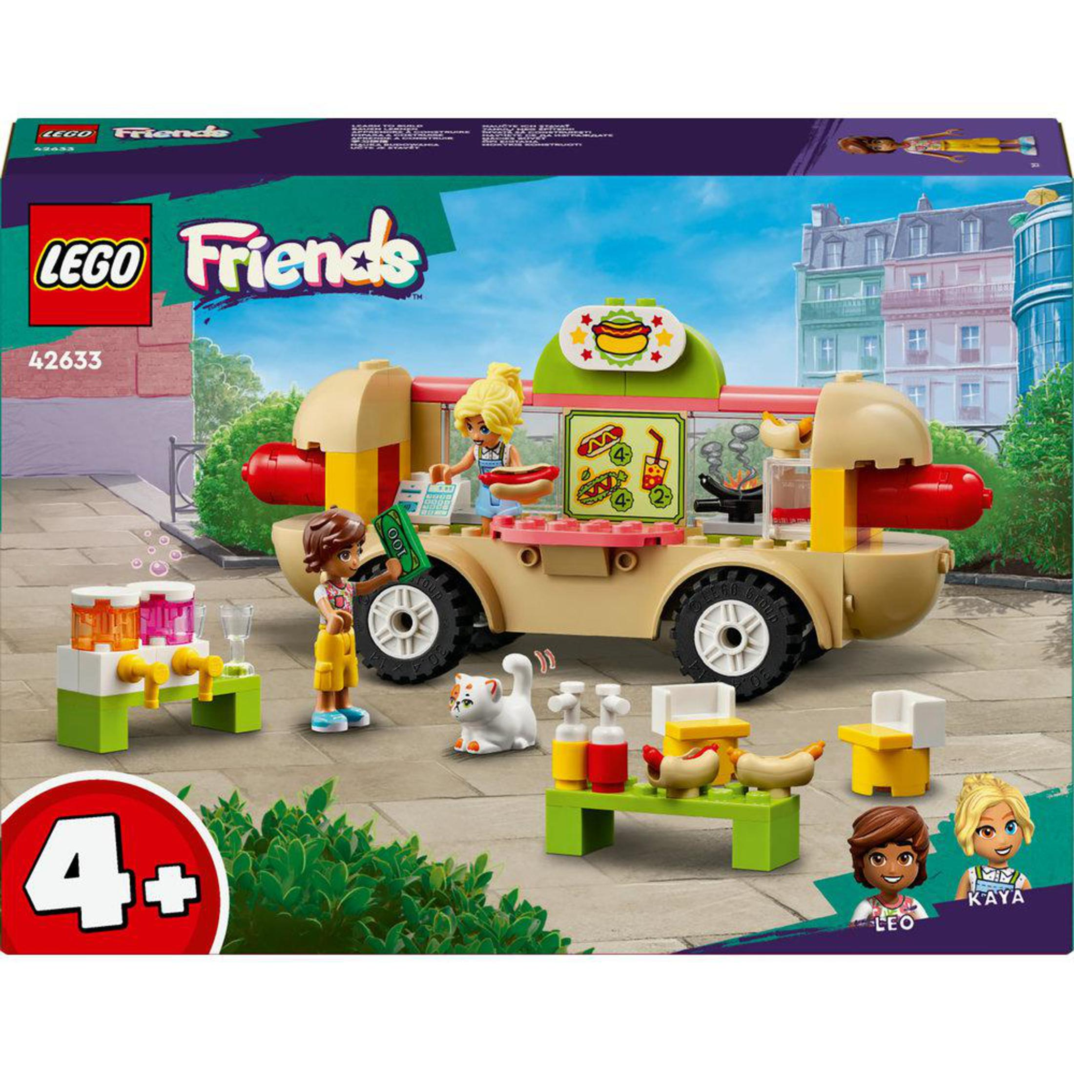 Set Lego Friends: Puesto de perritos calientes con figuras, carro, gato y accesorios en una escena callejera.