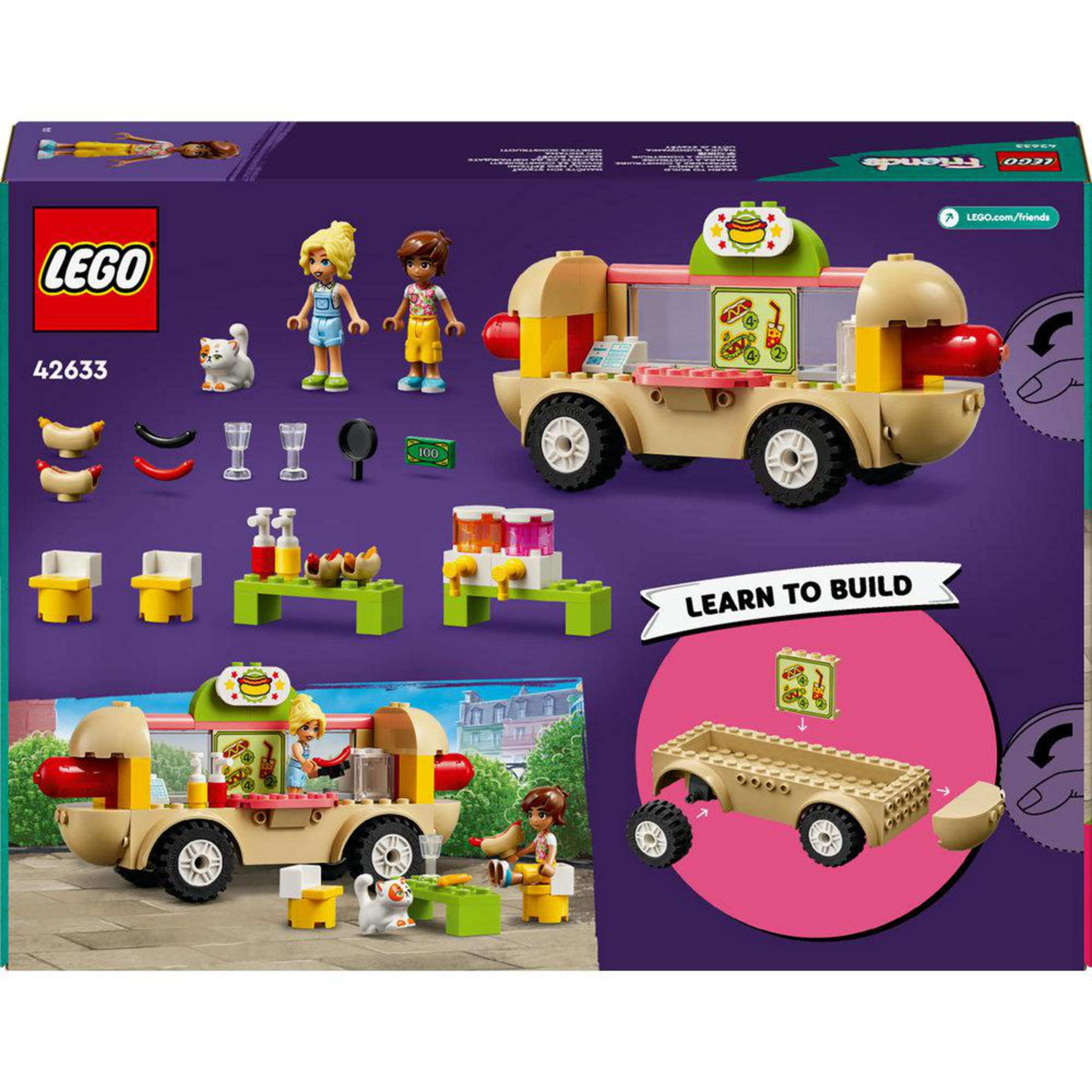 Set Lego Friends con un food truck y minifiguras. Incluye comida y accesorios.