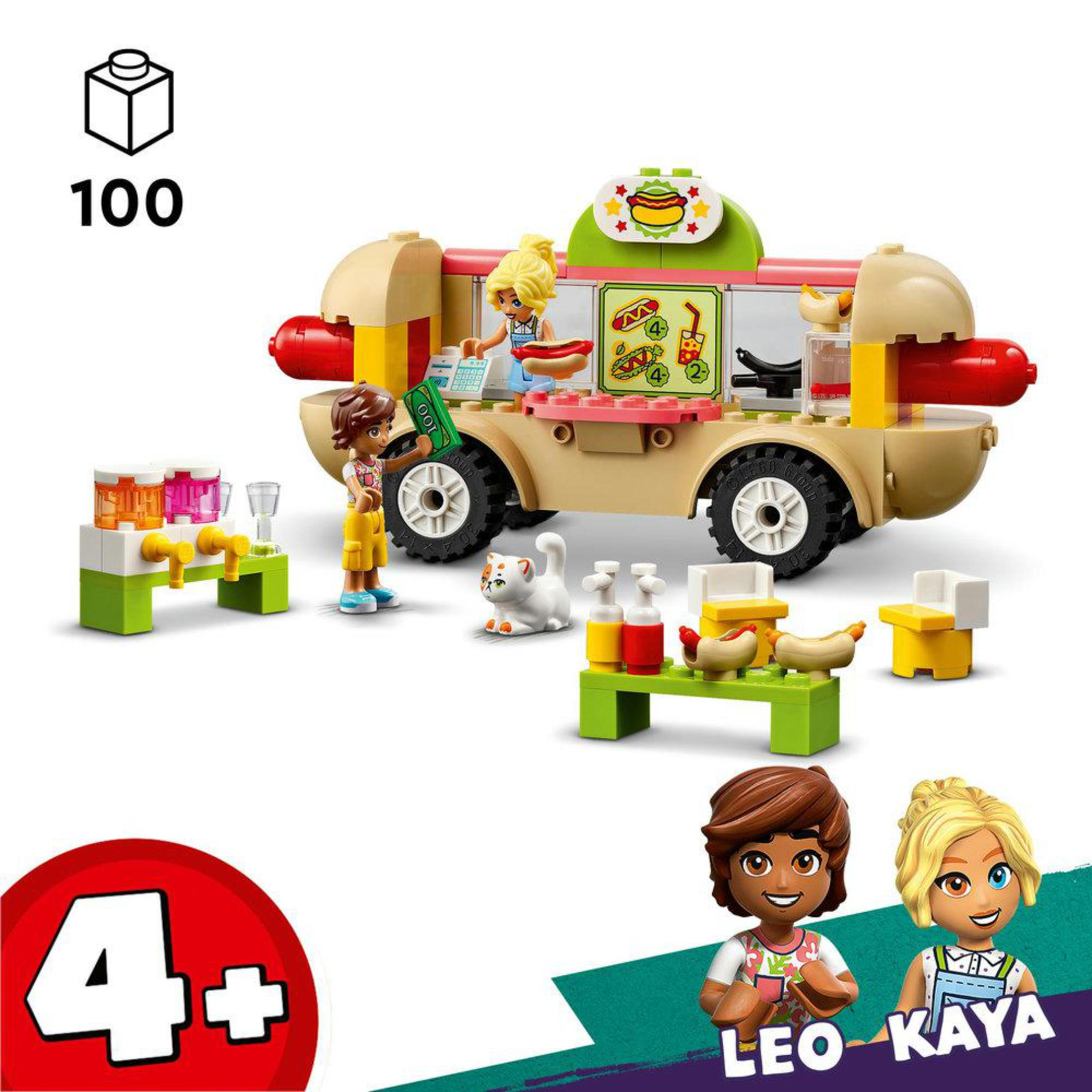 Set Lego Friends con un puesto de perritos calientes, figuras y accesorios.