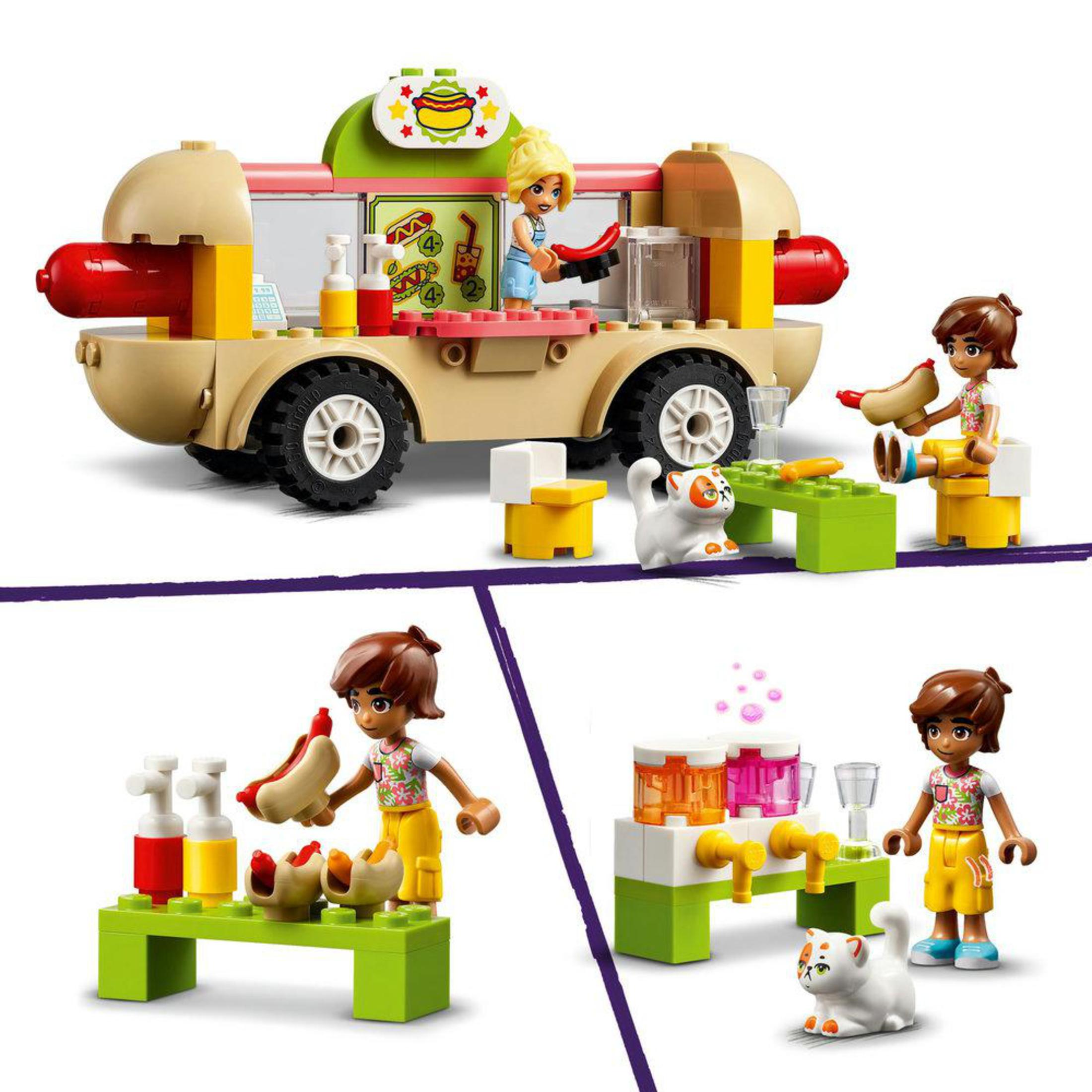 Camión de comida de perritos calientes LEGO Friends. Hay minifiguras y gatos. El camión es beige y rosa.