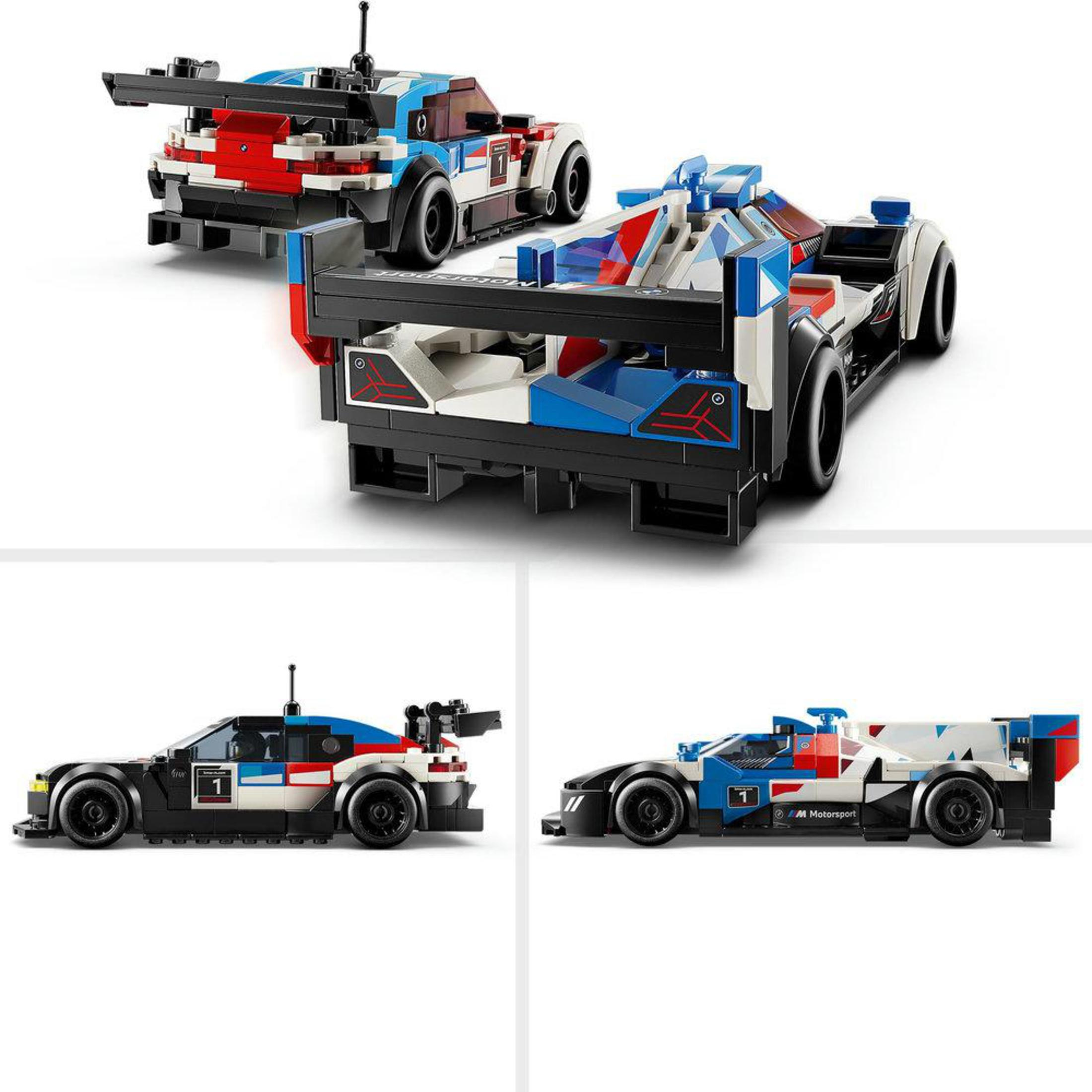 LEGO raceauto modellen. Drie verschillende auto's worden getoond. Witte achtergrond.