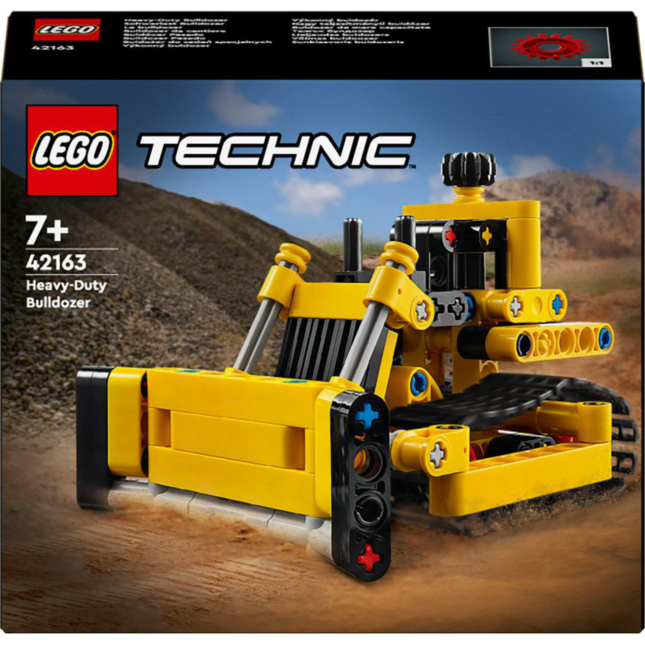 Lego Technic Heavy-Duty Bulldozer, giallo e nero, su una base nera.