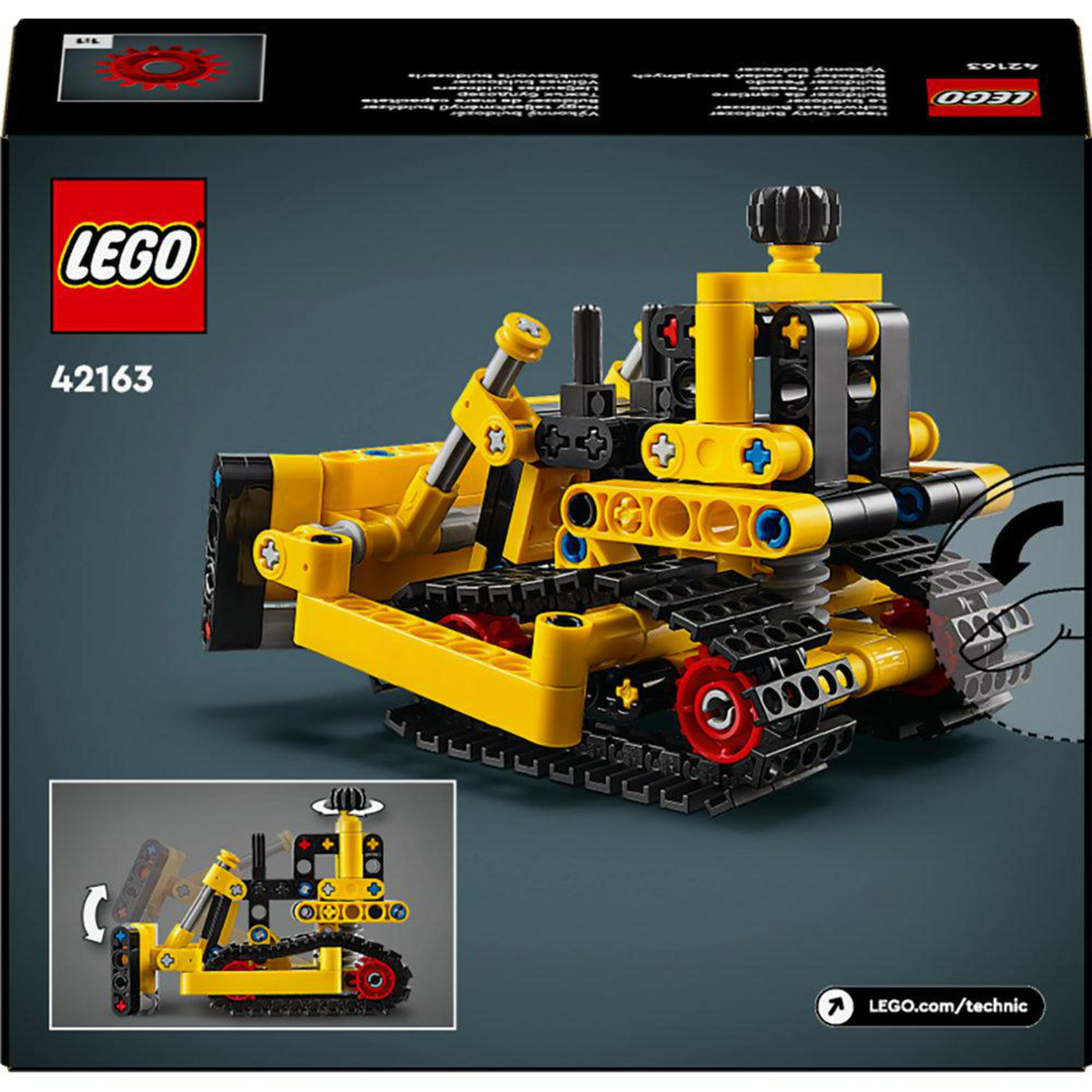 Una scatola di Lego Technic bulldozer con il modello in mostra e un modello più piccolo inserito.