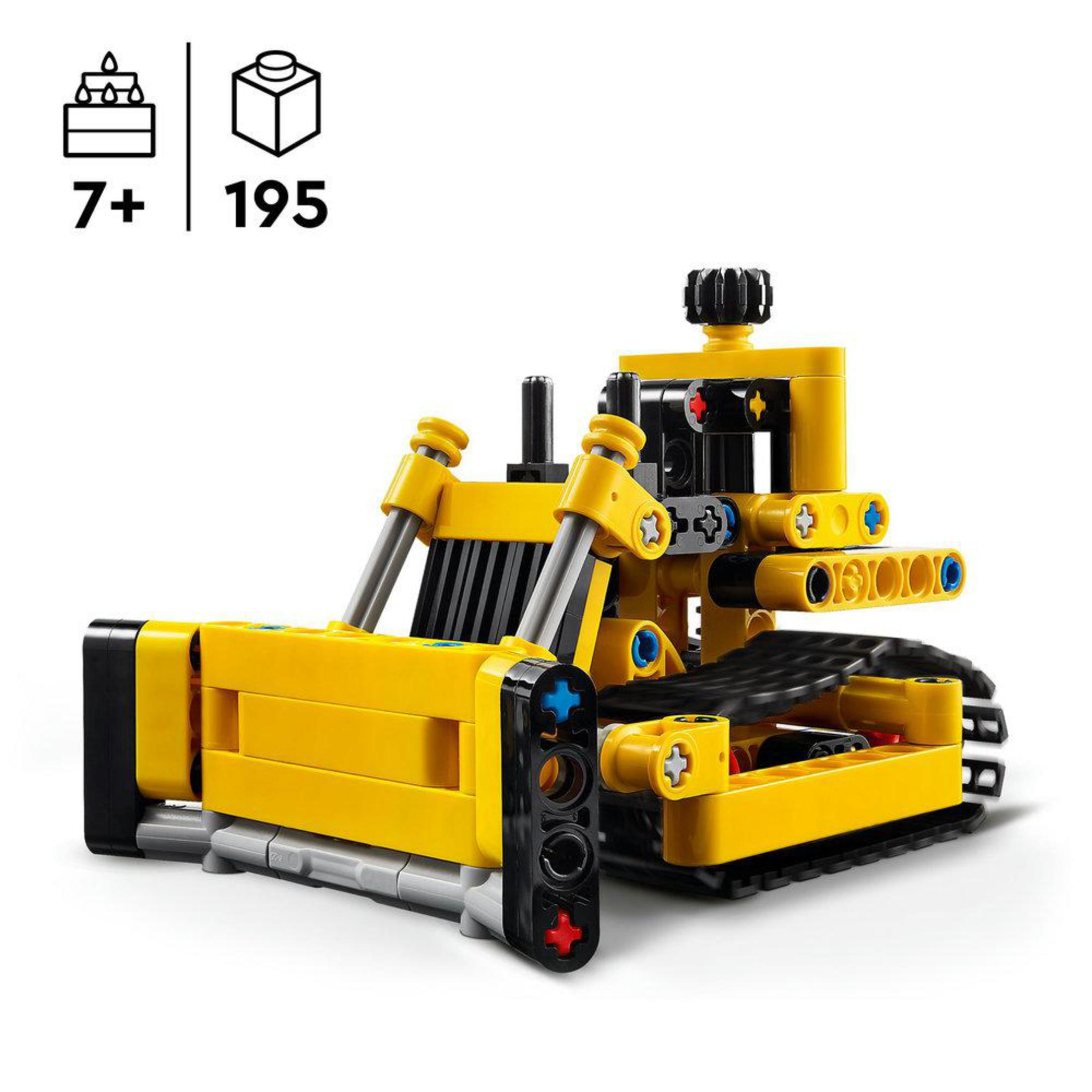 Bulldozer Lego Technic. Bulldozer giallo con cingoli neri, una lama e altre caratteristiche meccaniche.