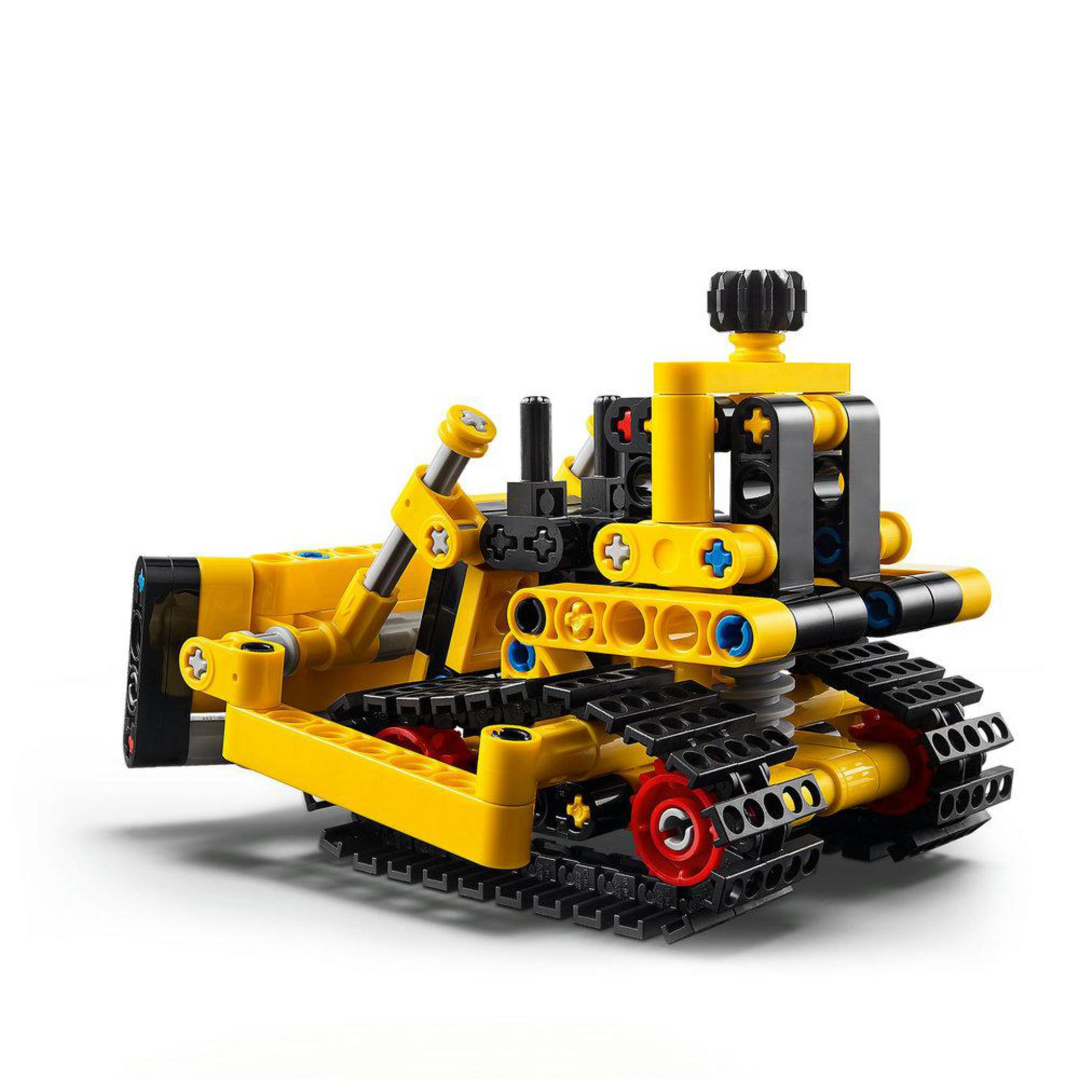 Modello di bulldozer Lego Technic giallo su sfondo bianco.