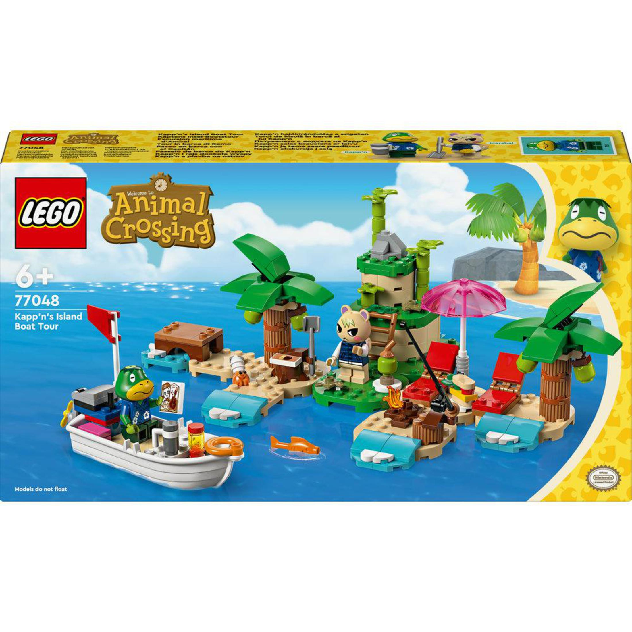 LEGO Animal Crossing seti. Bir tekne, palmiye ağaçları, karakterler ve bir kutu içeren ada sahneleri içerir.