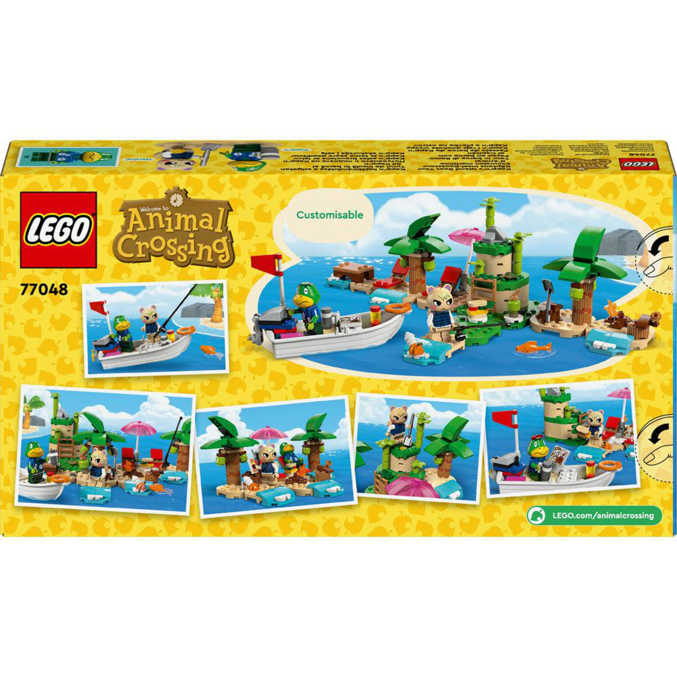 Lego Animal Crossing set kutusu. Oyuncak setinin çeşitli görüntüleri. Sarı zemin. Özelleştirilebilir tasarım reklamı yapıldı.