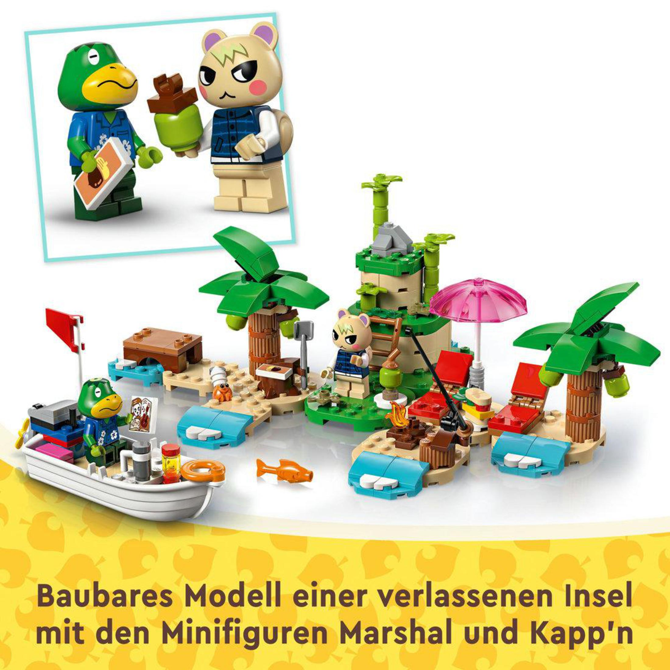 Animal Crossing Lego seti. Tekne, plaj, palmiye ağaçları ve karakterler içerir.