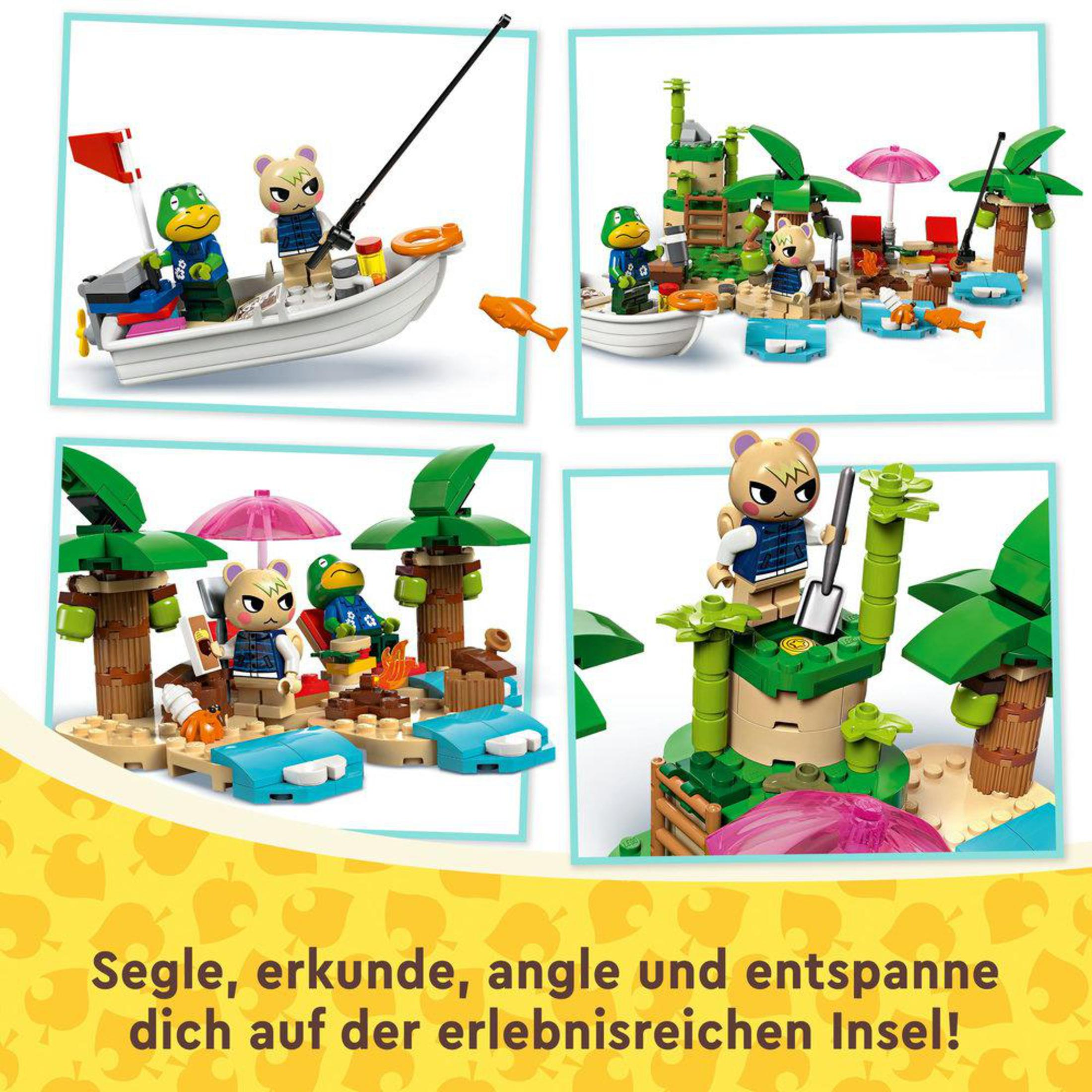 Çeşitli karakterler ve ada sahneleri içeren LEGO Animal Crossing setleri. Almanca metin.