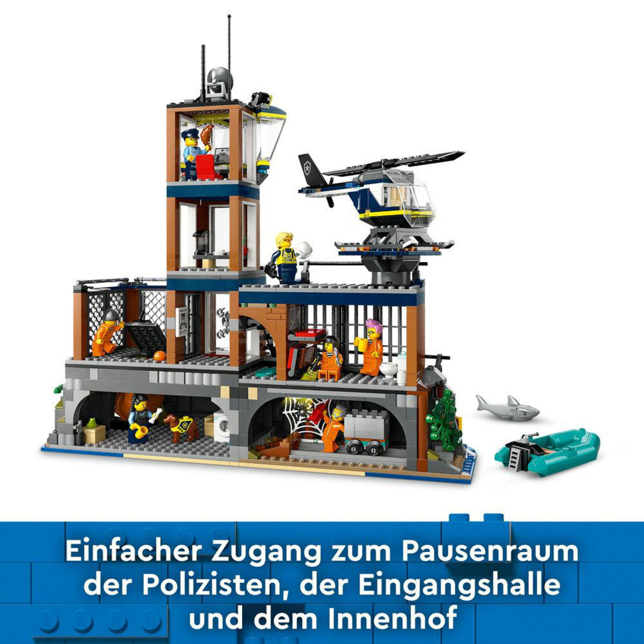 Zestaw Lego City posterunek policji. Figurki w środku, helikopter, łódź i elementy celi.