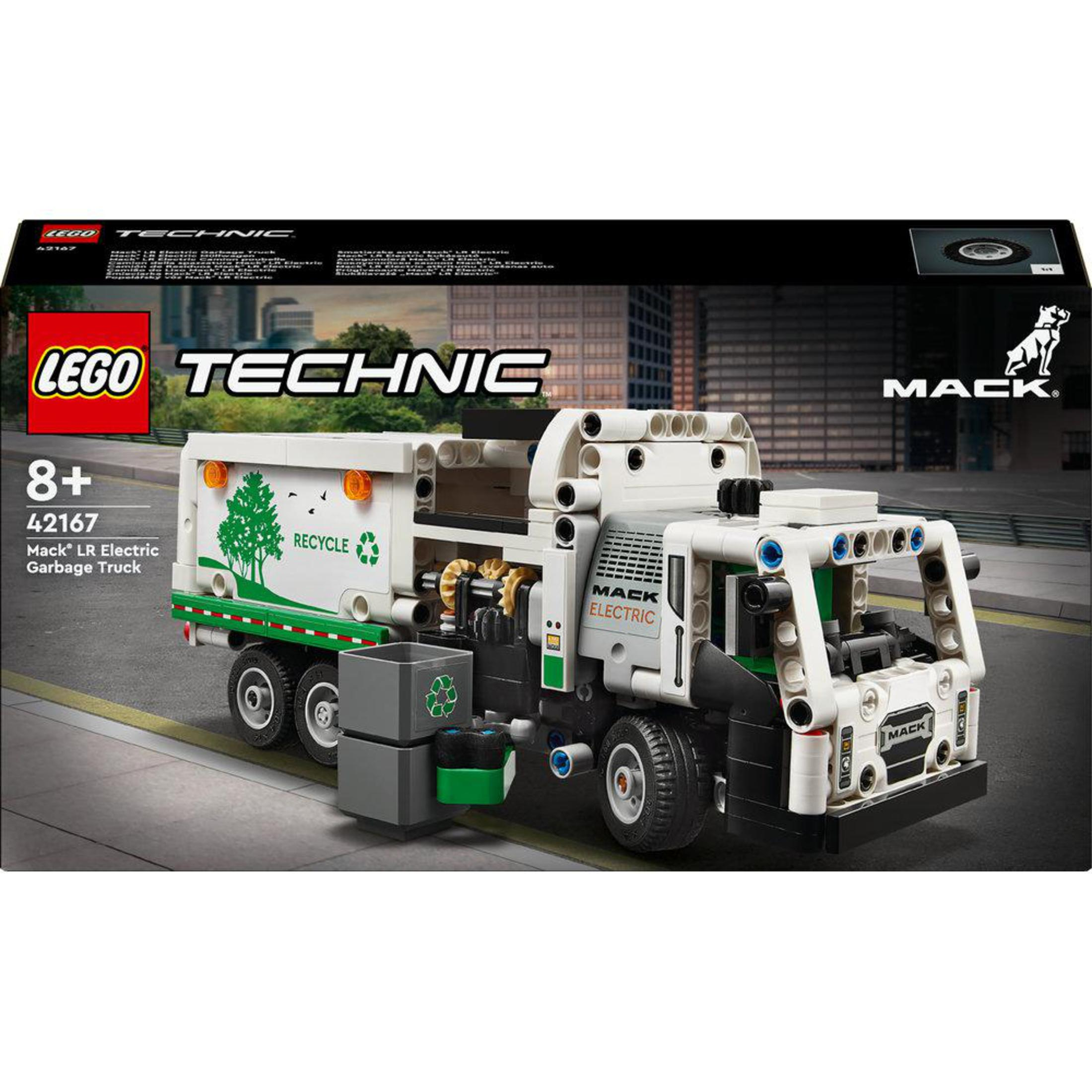 Pudełko Lego Technic Mack LR Electric Garbage Truck. Zawiera ciężarówkę i logo recyklingu.