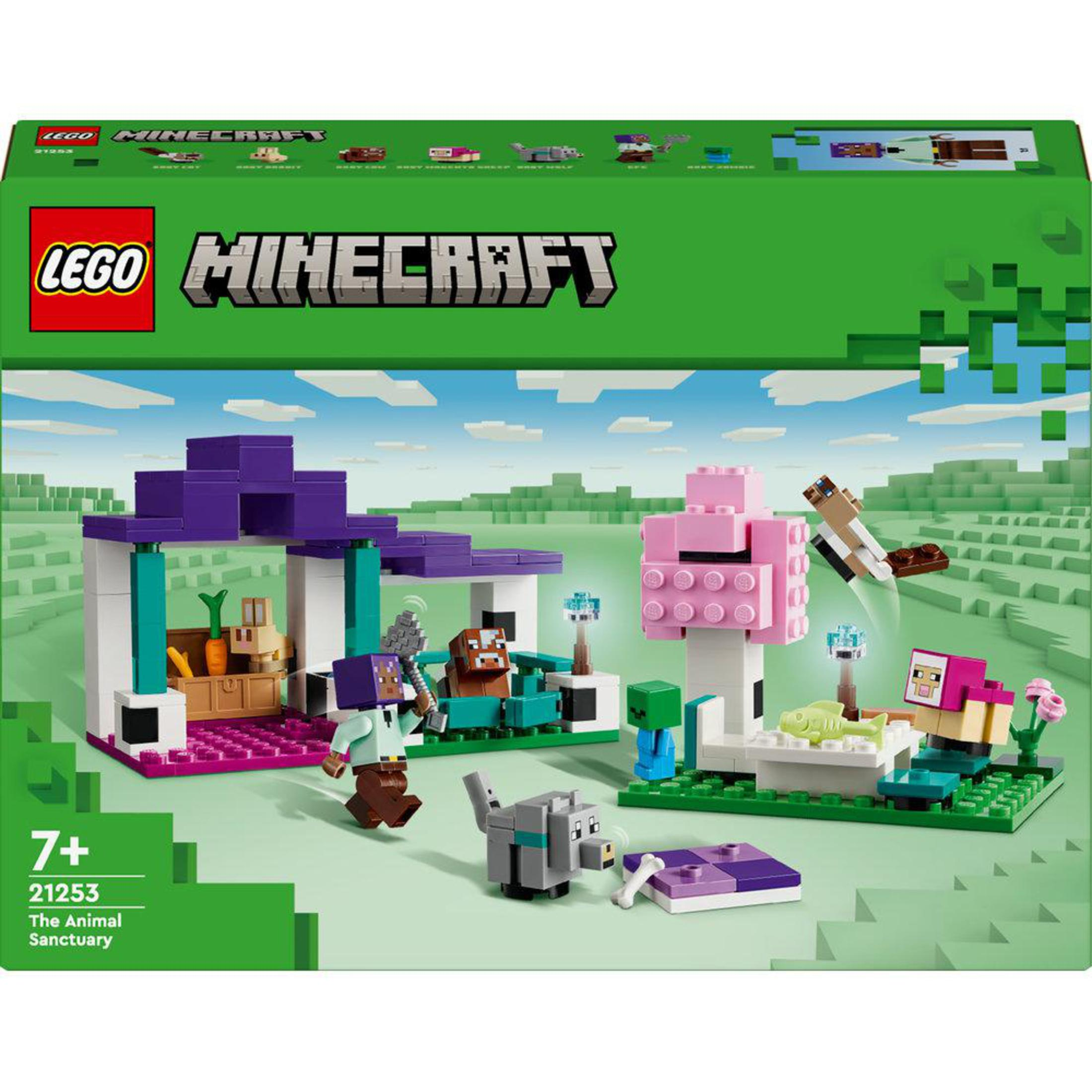 Set LEGO Minecraft con edificio e personaggi. I colori verde e viola sono prominenti.