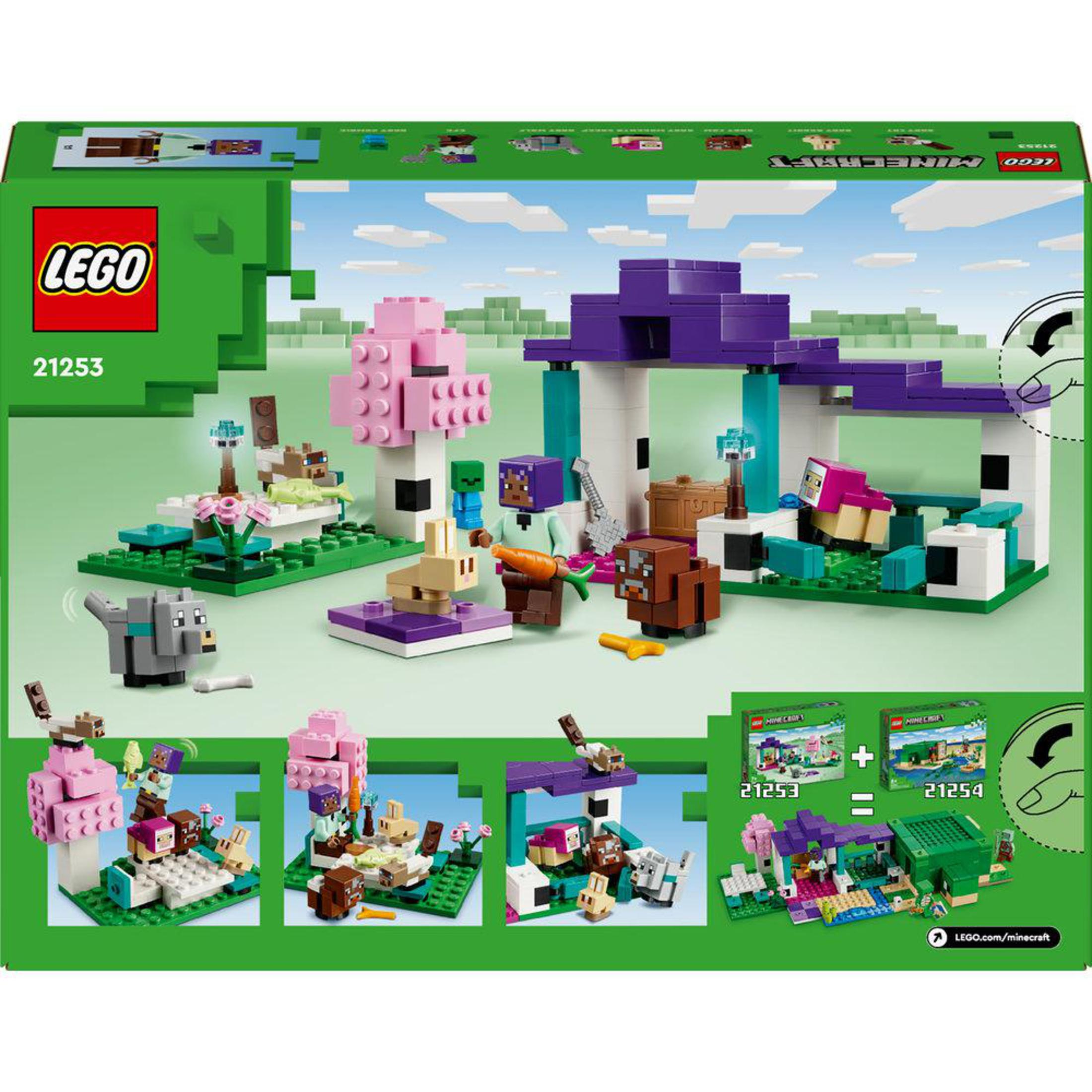 Una scatola Lego Minecraft. Mostra diverse scene della costruzione Lego.