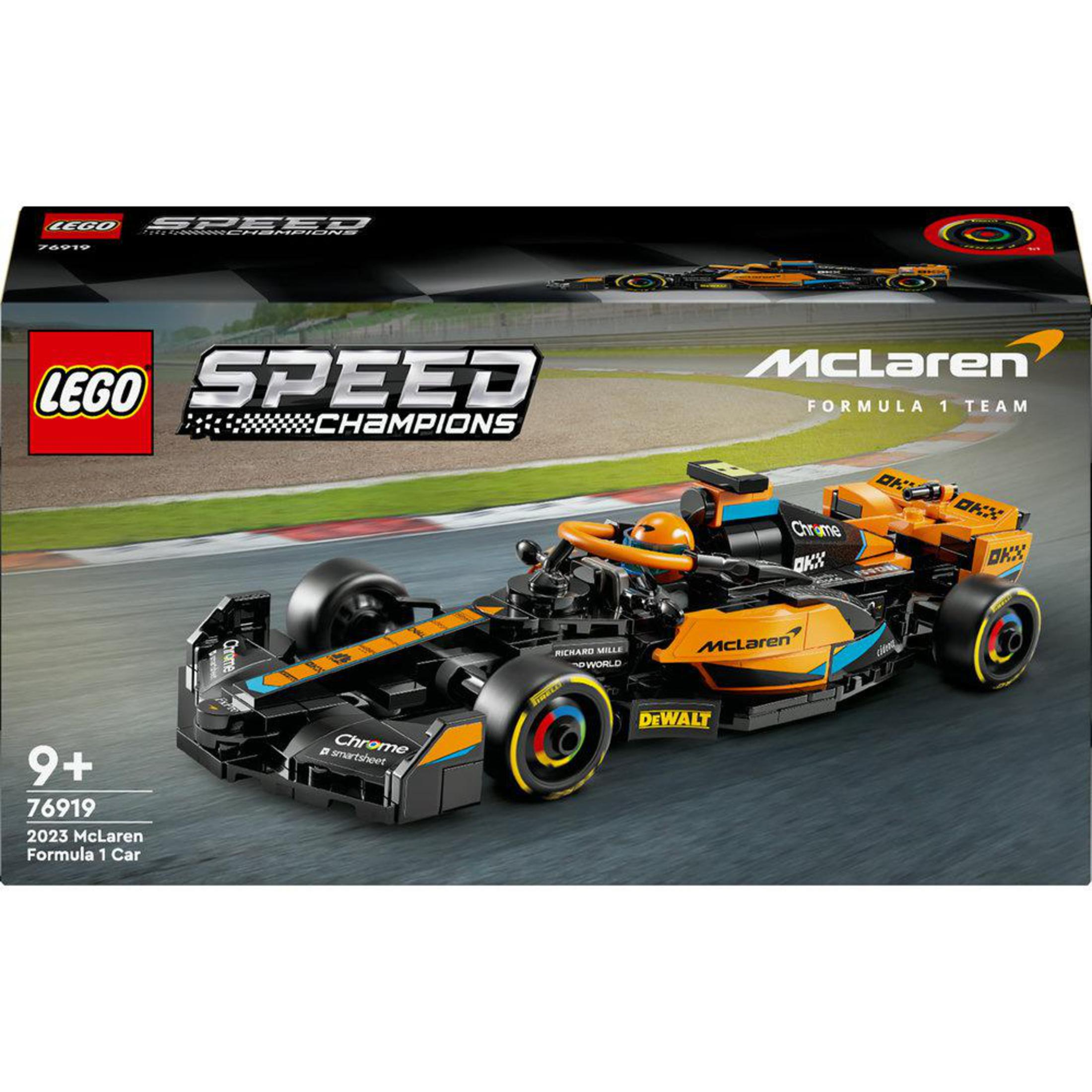 LEGO Speed Champions McLaren Formel 1 Auto mit Box im Hintergrund.