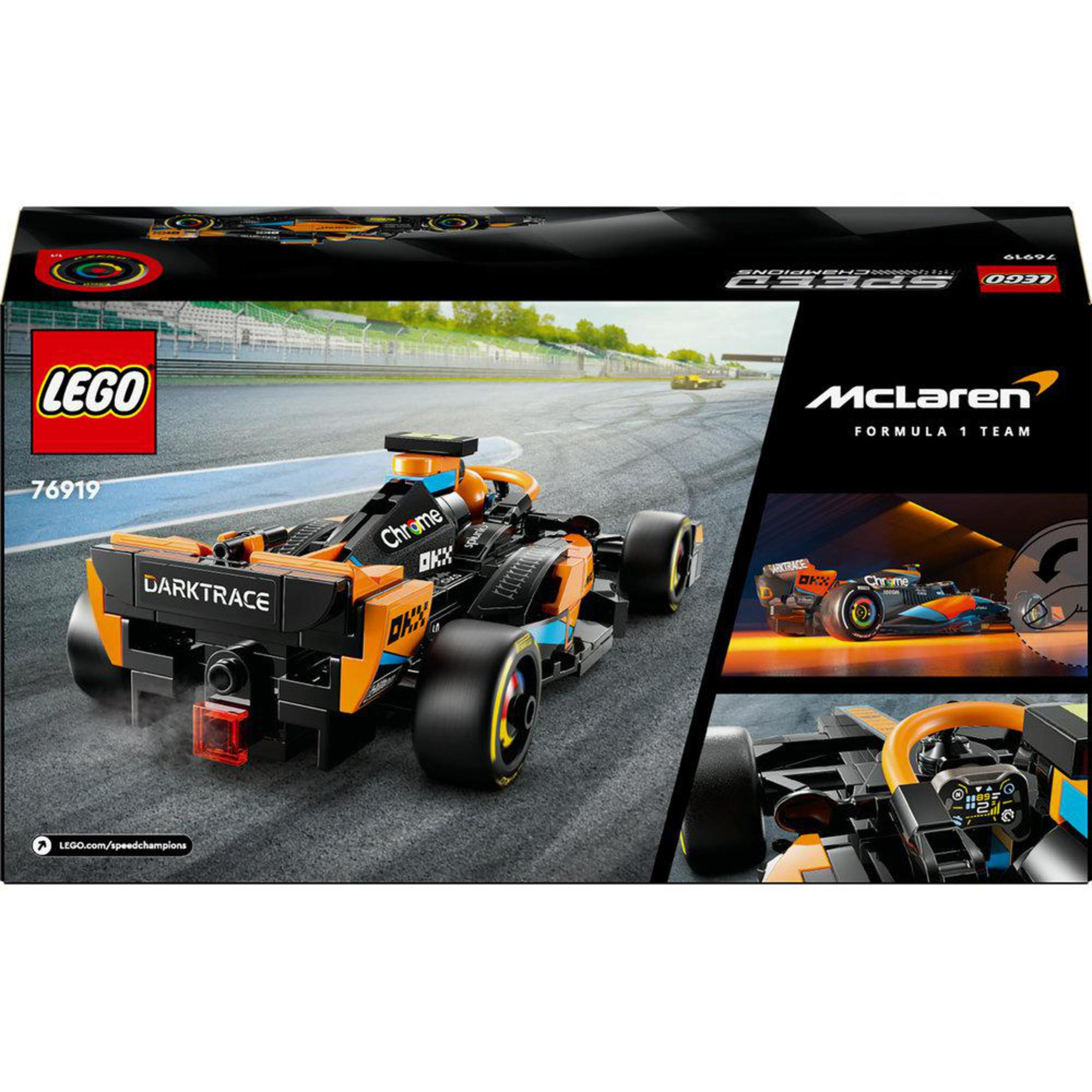 Ein Lego Speed Champions Set eines McLaren Formel 1 Autos. Die Box zeigt das Auto.