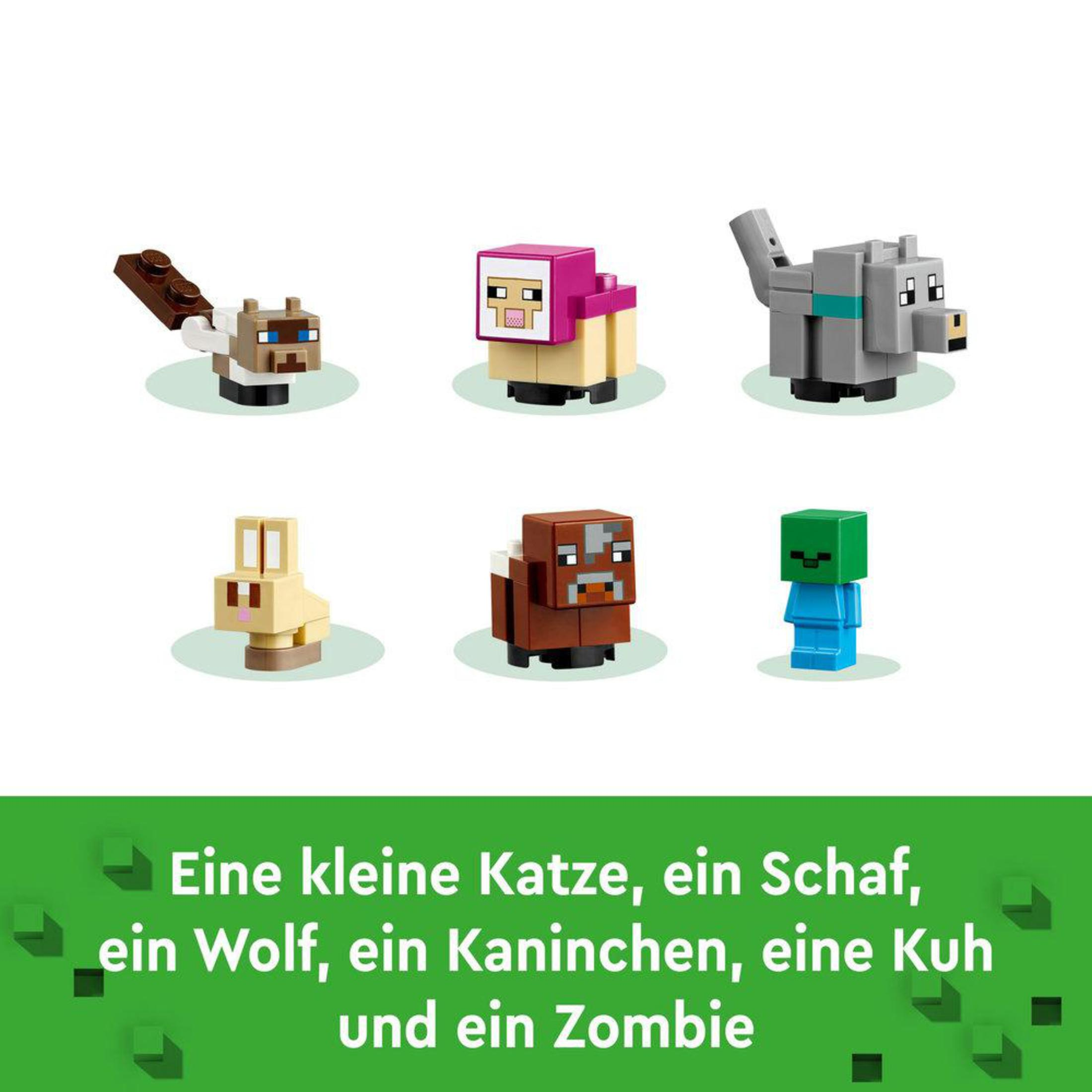 Personaggi Lego Minecraft: gatto, pecora, lupo, coniglio, mucca e zombi. Vari colori.