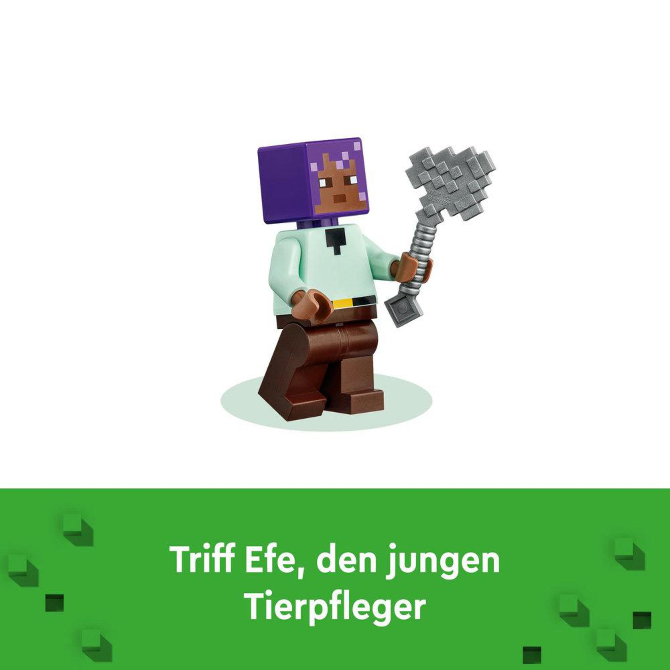 Una figura Lego con una testa viola e un piccone in mano.